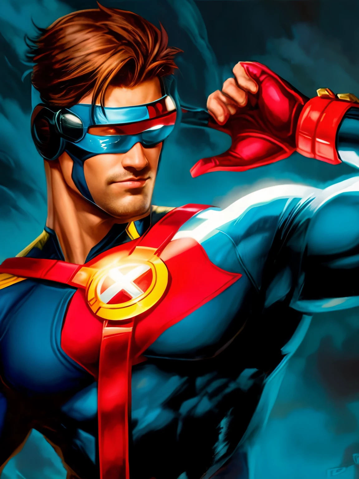male, (yellow underwear:1), blue suit, cyclops, body, x-men, fixing his red visor, laser visor, (masterpierce:1.2), super heroes, standing, mansion