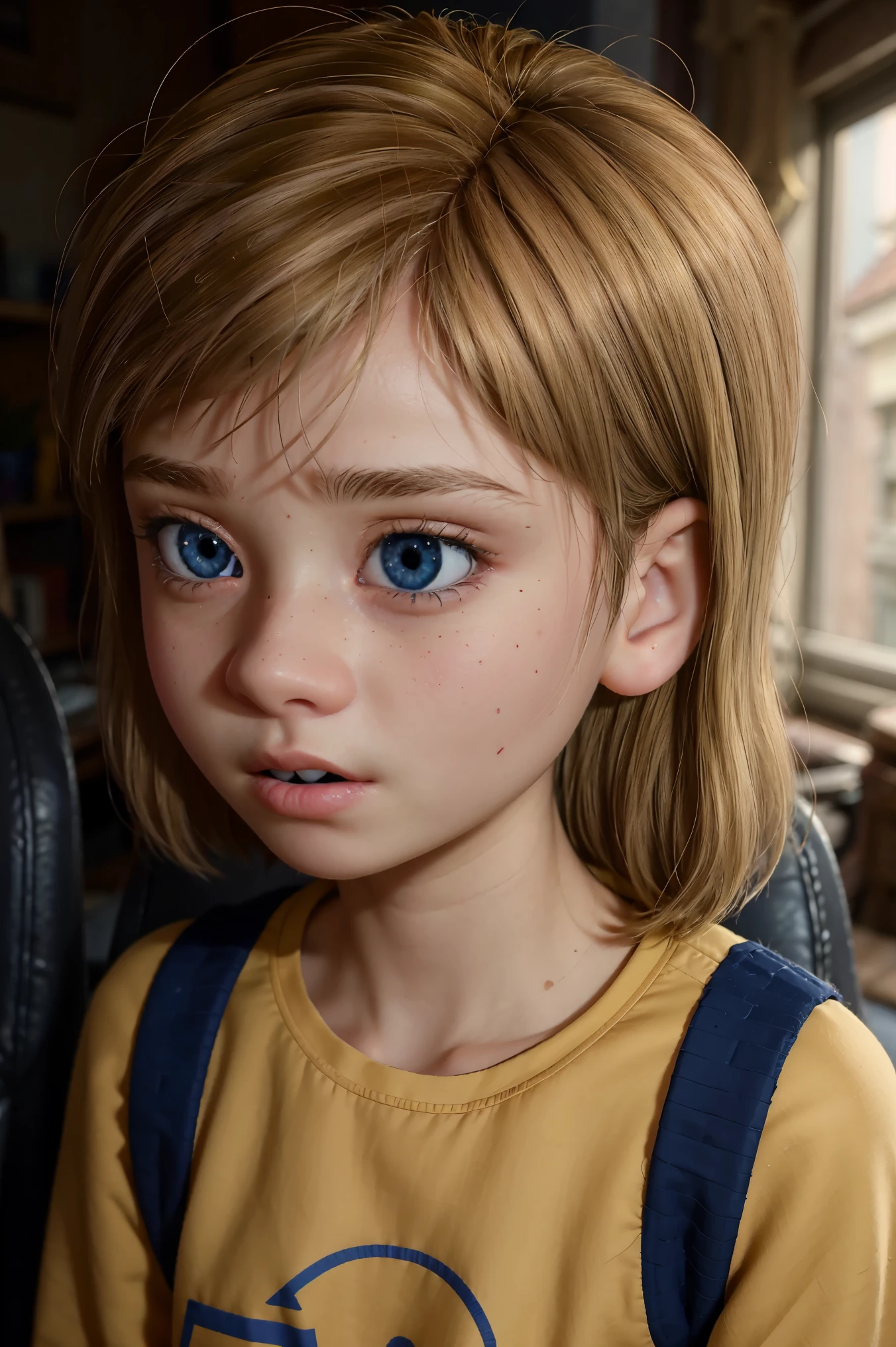 A stunning and intricate full color portrait in Ultra-HD, 12 year old girl, detailed face, short blonde hair, blue eyes, wearing a yellow sweatshirt, epic character composition, alessio albi, nina masic, sharp focus, lighting natural, subsurface dispersion, f2, 35mm