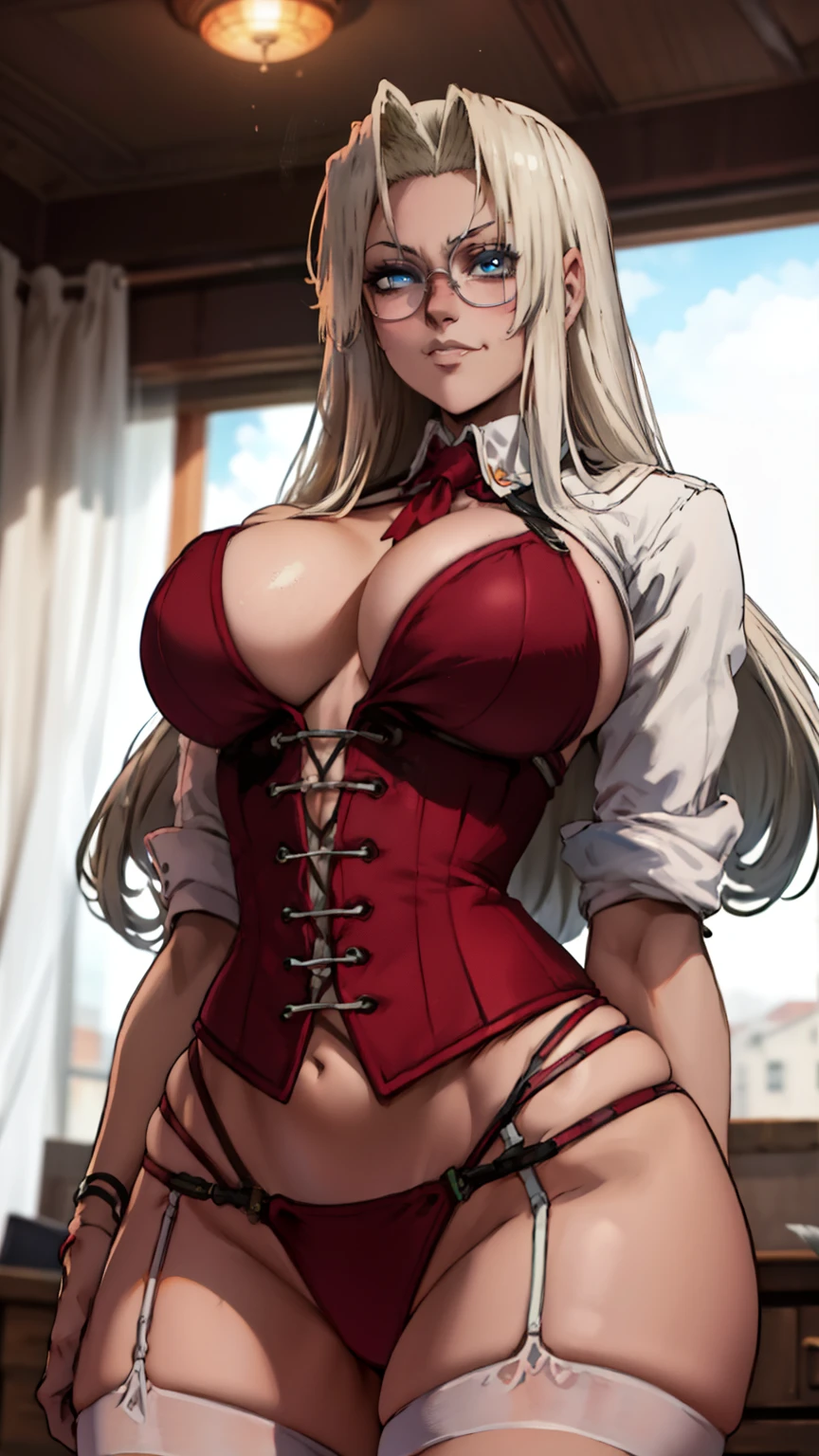 , (1girl), extremely detailed, d, perfect face, upper body, HDR, hellsing, integra, integra hellsing, standing, breast focus, breasts, large breasts, bare breasts, naked, nude, boob window, sexy, wide hips, thicc figure, Detailed blue eyes, Detailed face, Detailed eyes, perfect face, perfect eyes, red corset