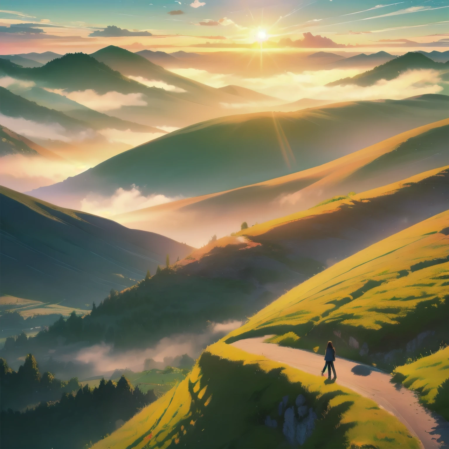 (best quality,4k,8k,highres,masterpiece:1.2),ultra-detailed,(realistic,photorealistic,photo-realistic:1.37),landscape,epic,fields and mountains,sunlight,warm tones,vibrant colors,hilltop view,golden hour,rolling hills,majestic peaks,faraway horizons,fertile valleys,misty atmosphere,serene tranquility,endless expanse,natural beauty,breathtaking perspective,dreamlike,soft breeze,peaceful countryside,infinite possibilities,serenity of nature,awe-inspiring,magical ambiance,harmonious blend of colors,expansiveness of the vast mountains and fields,luminous skies with wisps of clouds,subtle interplay of light and shadow,soothing rays of the sun illuminating the landscape,gentle slopes leading into the distance,touches of green and gold painting the scenery,tranquil setting perfect for solitude and contemplation,magnificent vista that evokes a sense of wonder and grandeur.