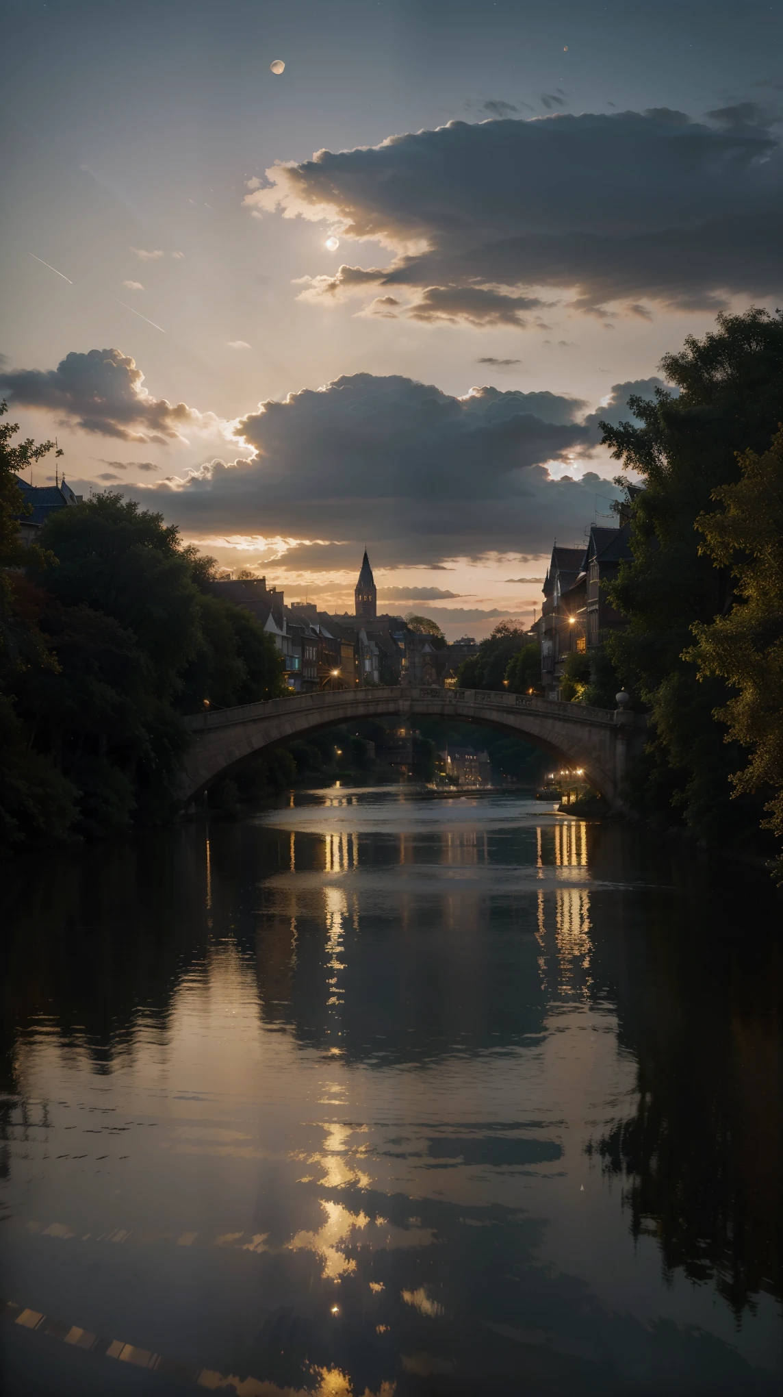 best quality,4k,highres,masterpiece:1.2,ultra-detailed,realistic,nighttime landscape,beautiful detailed cityscape, picturesque moonlight,large full moon,illuminated buildings,glimmering lights,twinkling stars,fantasy-like scenery,serene atmosphere,vibrant colors,city skyline,full moon reflection on calm water,moonlit streets,dreamy ambiance,peaceful night,long exposure photography,warm golden hues,soft shadows,city lights shining brightly,soft moonlight bathing the scene,romantic mood,dotted with clouds,detailed city architecture,hustle and bustle,quiet silhouettes of people,serene parks,fairytale-like setting,captivating nighttime panorama,moonlit clouds passing by,reflection of moonlight on windows,tranquil river flowing through the city,stunning visual expression,mesmerizing nocturnal view,utmost attention to detail.