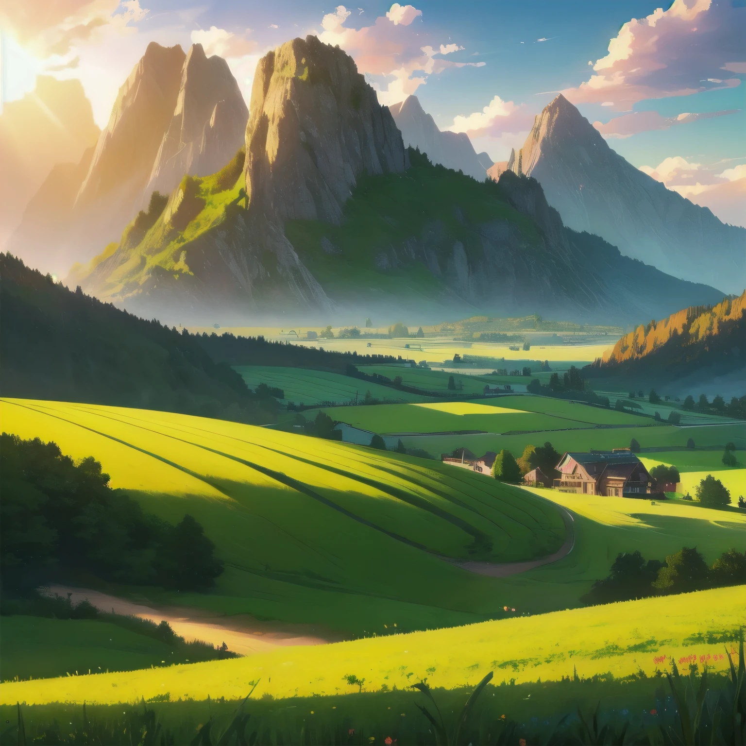 landscape, epic, fields and mountains, sunlight.