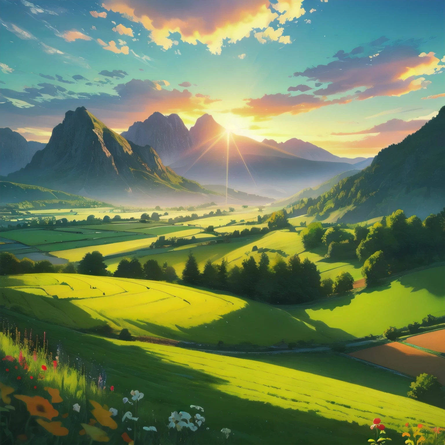landscape, epic, fields and mountains, sunlight.