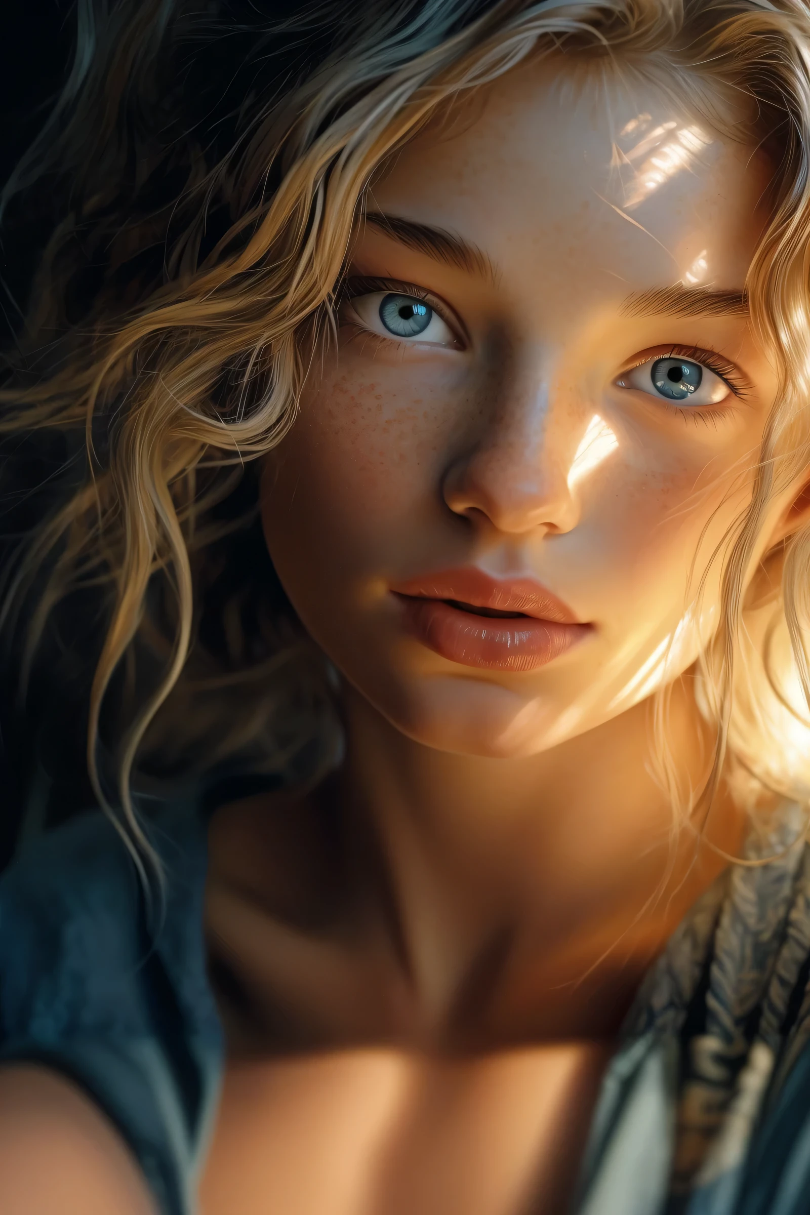 blonde with freckles and blue eyes posing for a photo, realistic digital painting, realistic digital art 4k, realistic digital art 4k, photorealistic digital painting, ultra realistic digital painting, very realistic digital art, Gorgeous digital painting, Soft Portrait Shot in 8K, amazing digital painting, stunning digital illustration, hyperrealistic digital painting, beautiful digital images, Realistic 8K digital art