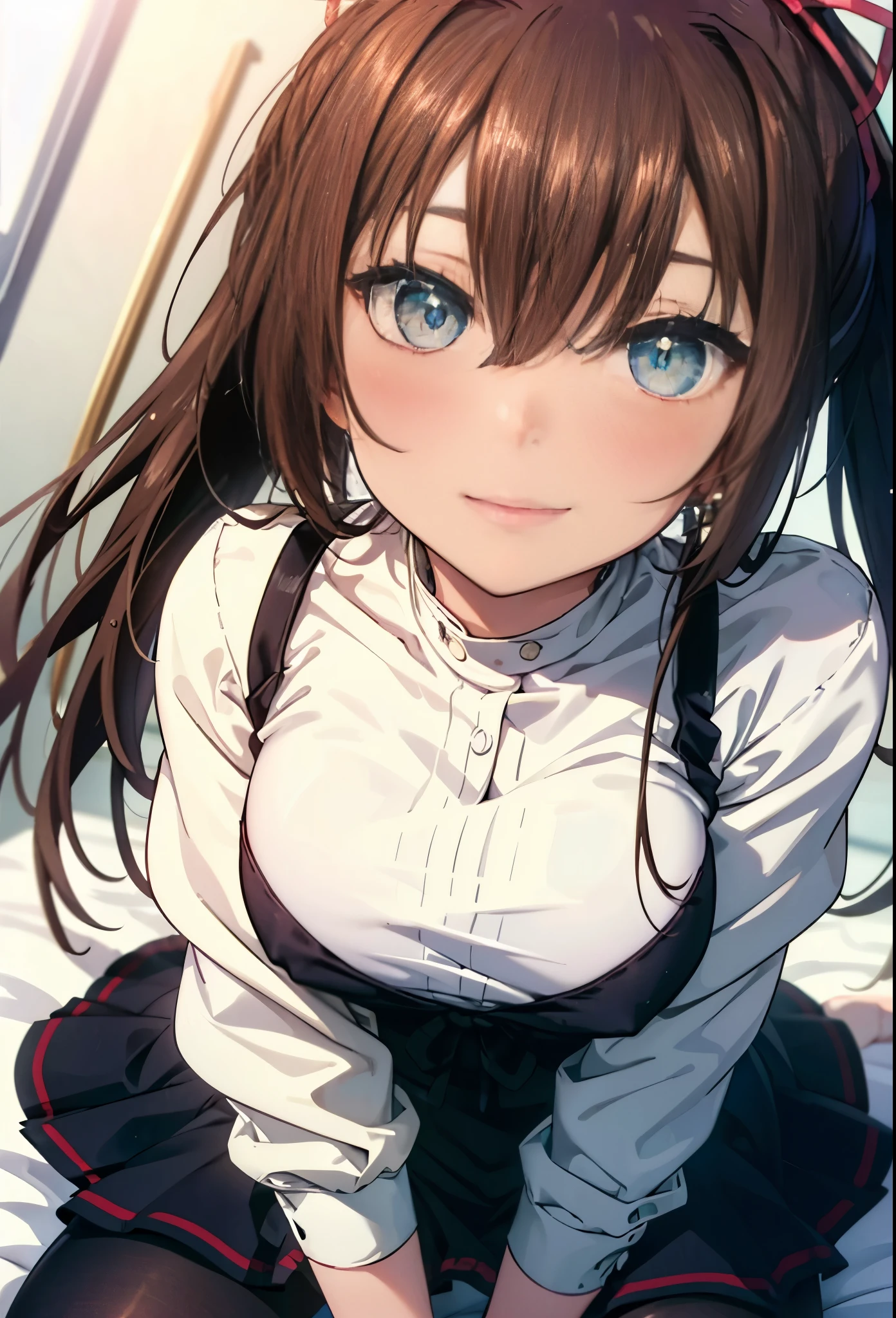 masterpiece, highest quality, High resolution, 1girl Sayaka Kirasaka,black hair,long hair,green eyes, High Ponytail Hair Ribbon, Long-sleeved Y-shirt,pleated skirt,black pantyhose,sexy pose,Bedroom,smile,blush,I'm sitting on the bed in the morning sun,(masterpiece:1.2), highest quality, High resolution, unity 8k wallpaper, (shape:0.8), (beautiful and detailed eyes:1.6), highly detailed face, perfect lighting, Very detailed CG, (perfect hands, perfect anatomy),