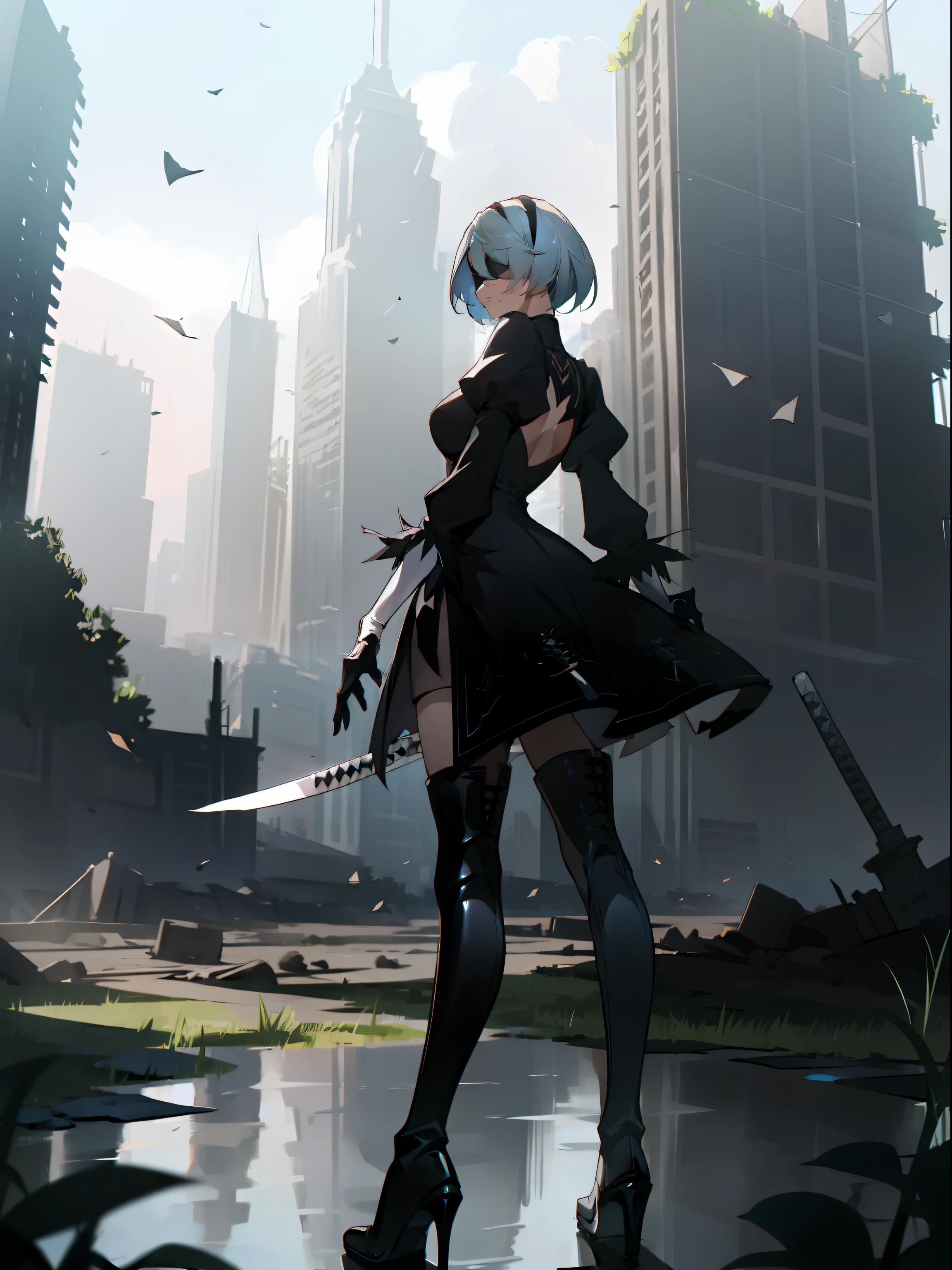 obra de arte, melhor qualidade, rosto detalhado, extremamente detalhado, Yorha No. 2 Tipo B, 1 garota, Sozinho, absurdos, 8K, black de olhos vendados, black vestir, black hair elastic, de olhos vendados, eye highlights blue Sky, botas, building, cidade, nuvem, olhos cobertos, wreckage, vestir, mangas com penas, feather trim, de baixo, luvas, Grama, hair elastic, high heel botas, salto alto, high resolution, mangas julieta, Katana, couro, couro botas, mangas compridas, mais \(Serieais automata, ao ar livre, Covered in vegetation, pod \(mais automata\), post-apocalypse, pool, mangas bufantes, wreckage, Pedregulho, ruins, scenario, Sky, thigh botas, coxas, coxas under botas, water