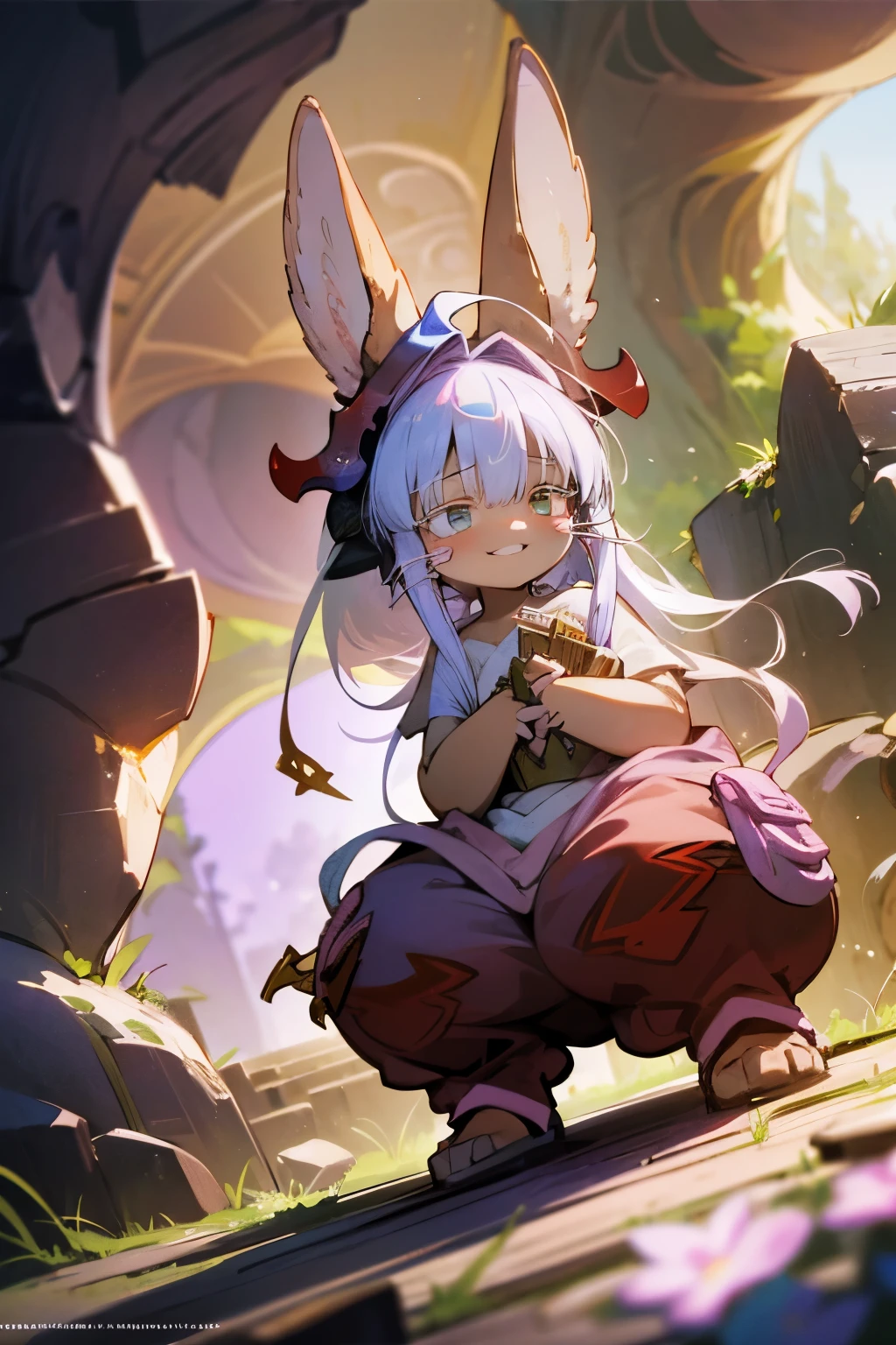 ((Nanachi)), ((Masterpiece)), (Anime:1.3), ((best quality)), (RAW photo:1.2), (High Definition:1.3), (Professional Photography:1.2), from below, BREAK, ((Nanachi)), messy hair, (ahoge), beautiful eyes, (grinning), Textured skin, (Pale purple), put on bunny ears, BREAK, ((detail of nanachipants)), (crouching on the ground), cute pose, summer sky, (beautiful cave), (High Definition),