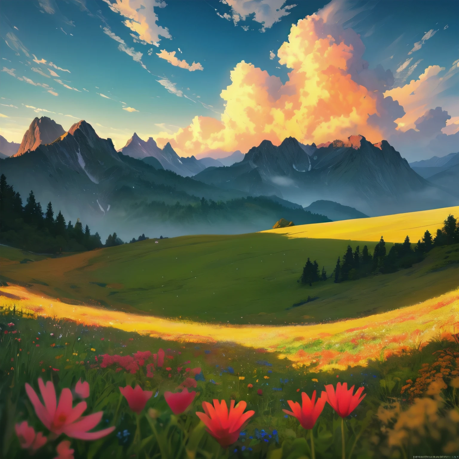 (best quality,4k,8k,highres,masterpiece:1.2),ultra-detailed,(realistic,photorealistic,photo-realistic:1.37),landscape,epic,fields,mountains,sunlight,expansive rolling hills, majestic snow-capped peaks,vibrant green grass,heavenly golden sunlight,serene and tranquil atmosphere,warm and inviting,subtle shadows,dream-like,captivating,awe-inspiring,immersive,gentle breeze,undulating wildflowers,dramatic cloud formations,pristine clear sky,timeless beauty,grandeur of nature,sweeping panoramic view,harmony between land and sky,majestic presence of mountains,endless horizon,unspoiled wilderness,peaceful seclusion,luminous rays of sun,touches of warm and cool tones,distinctive textures and patterns,harmonious color palette,perfect balance between light and shadow,unforgettable vista of nature's wonders.