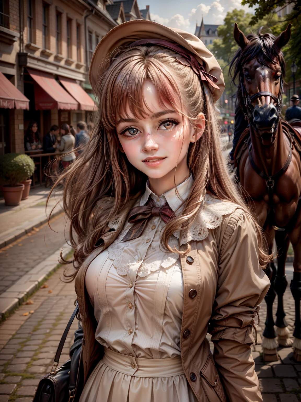 (masterpiece), best quality, expressive eyes, perfect face,a girl smiles towards the camera in a wonderful sunny day. her smile is cheerful but contained and reserved, Victorian era posing in front of a period building, night, street lights, people along the road, horse-drawn carriages, romantic atmosphere, sky with various nocturnal colors and stars.
​ 