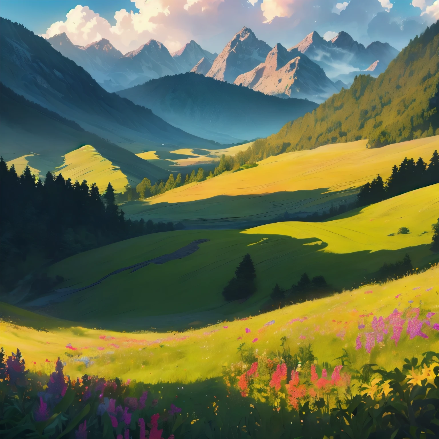 (best quality,4k,8k,highres,masterpiece:1.2),ultra-detailed,(realistic,photorealistic,photo-realistic:1.37),landscape,epic,fields,mountains,sunlight,expansive rolling hills, majestic snow-capped peaks,vibrant green grass,heavenly golden sunlight,serene and tranquil atmosphere,warm and inviting,subtle shadows,dream-like,captivating,awe-inspiring,immersive,gentle breeze,undulating wildflowers,dramatic cloud formations,pristine clear sky,timeless beauty,grandeur of nature,sweeping panoramic view,harmony between land and sky,majestic presence of mountains,endless horizon,unspoiled wilderness,peaceful seclusion,luminous rays of sun,touches of warm and cool tones,distinctive textures and patterns,harmonious color palette,perfect balance between light and shadow,unforgettable vista of nature's wonders.