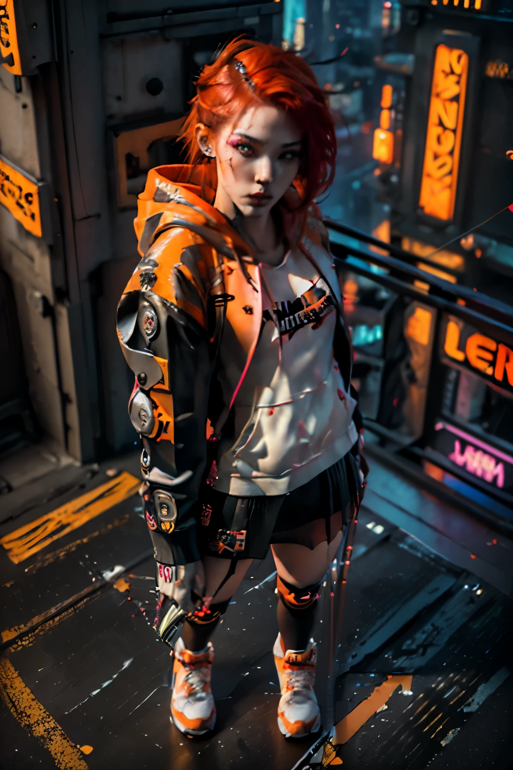 analog style, model shoot tyle, (((( full body ))), tattooed arm, and neck, beautiful redhead girl middle twenties, (long red hair whit punk style orange lights), ((( wearing a sport neon short hoody ))), ((( asymmetrical gothic plastic long skirt on one side and short on the other ))), (Sneakers orange and yellow ), (( whit robotic legs black cromed )), on her left hand nails sharpende like cyber claws, (Cyberpunk, Cyberpunk city background ), ((Perfect face:1.3)), (pale skin:1.5), (From above:1.4), Best Quality, (Colors, hyperdetails:1.5), Octane Render, ultra realistic lifelike textures, masterpiece, the Extremely Detailed CG Unity 8K Wallpapers, crazy detail details, Ultra-realistic light
