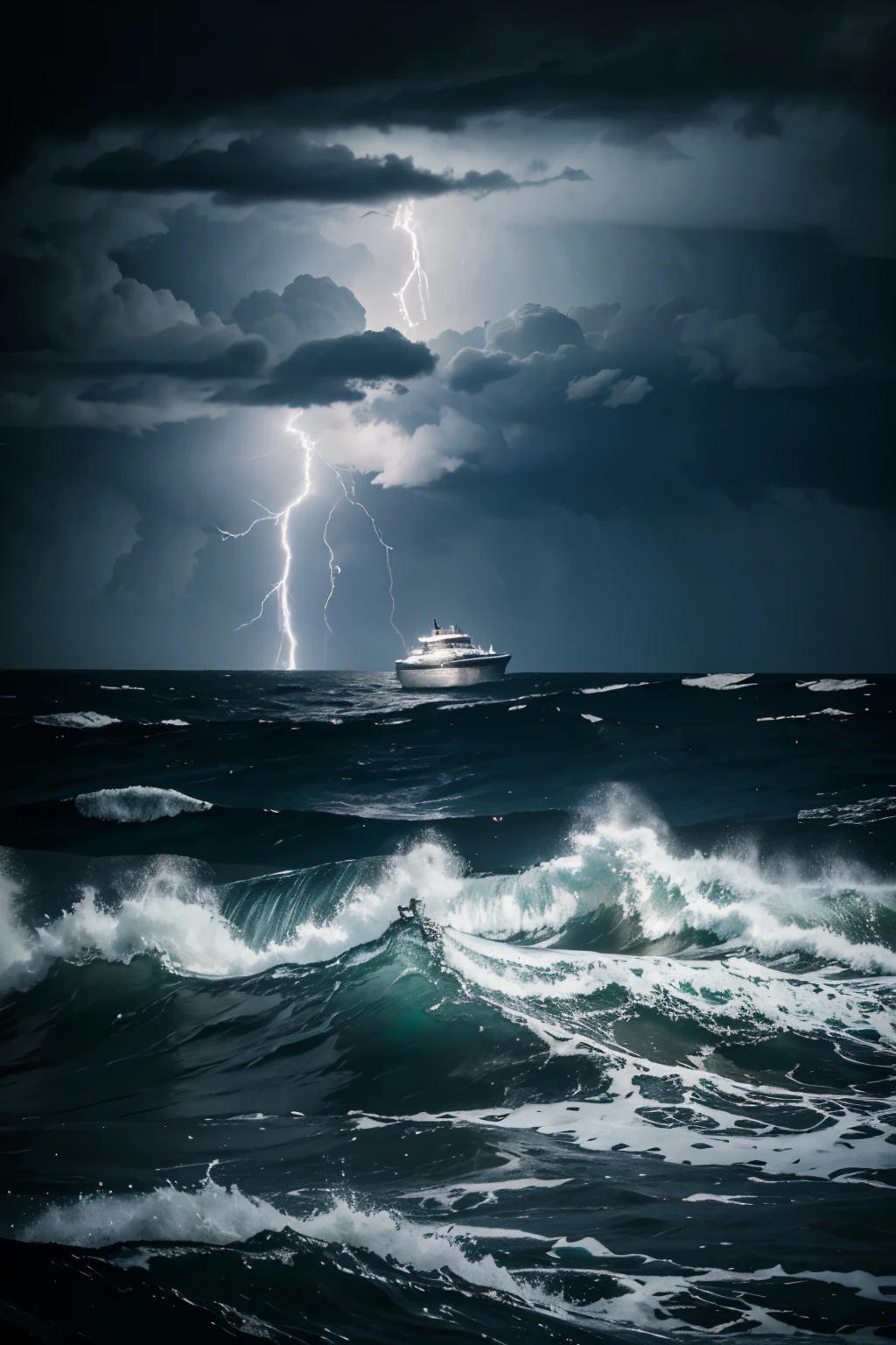 stormy sea, night, wind, boat, waves crashing, lightning, dark clouds, dramatic atmosphere, powerful waves, turbulent water, moonlit reflection, thunder