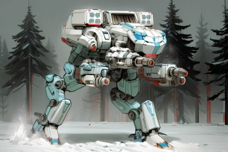 mecha, non-humanoid, hulking shoulders, light gray with blue trim, laser cannons in arms, missile launchers on back, striding across a snowy field, nighttime, snow-capped trees, dramatic night sky