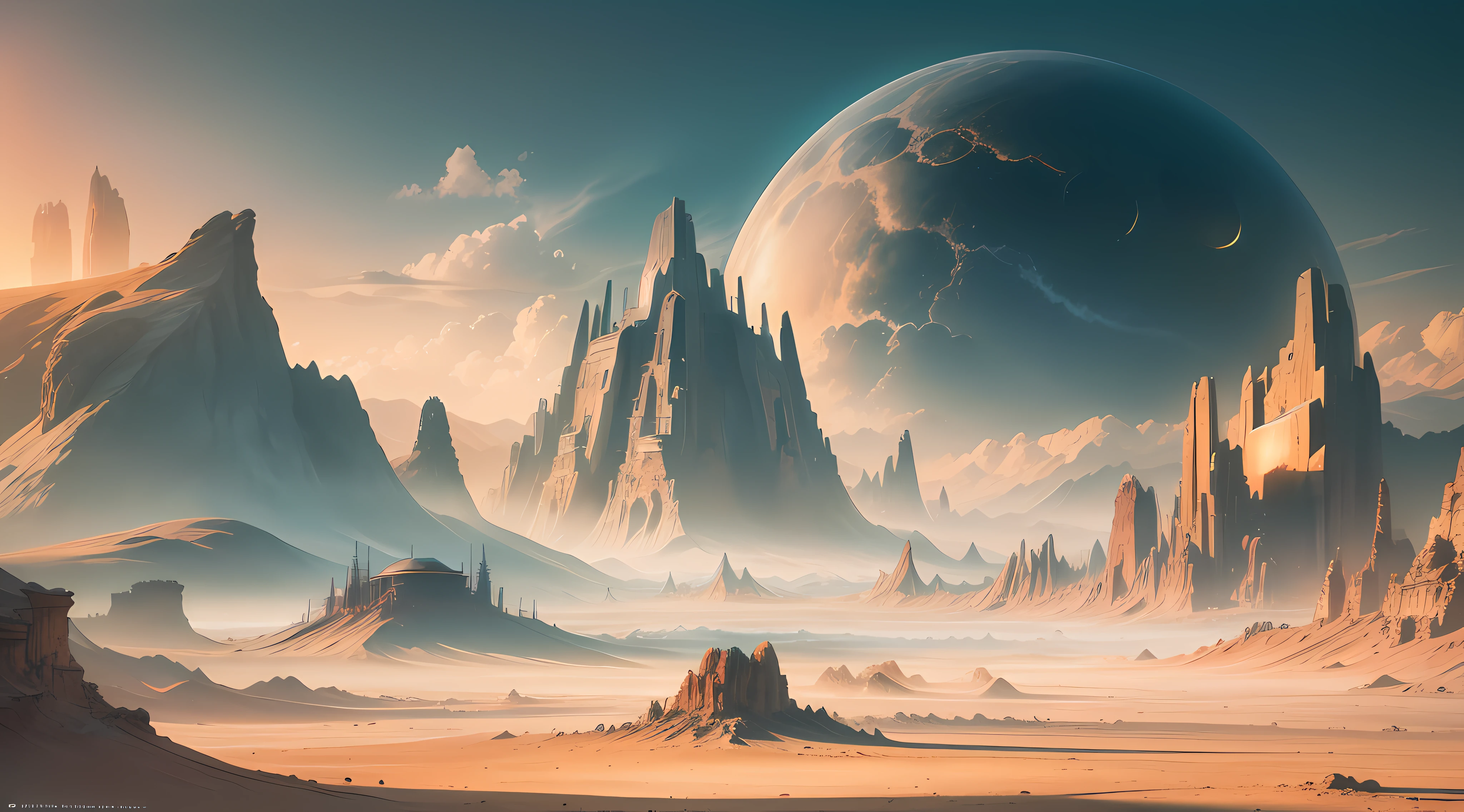 (Analog Style), Eschatological style wide angle, scifi future landscape, ((futuristic city in the distance)), (barren landscape with mountains similar to mars), (2 moons in the sky), beautiful clouds, haze:0.15, epic scenery, (cinematic), volumetric lighting, subsurface scattering, subtle shading, good highlights, good composition, beautiful colors, dramatic, intricate, detailed, perfect lighting, perfect shading, volumetric lighting, (highest quality, award winning, masterpiece:1.3), (Science Fiction Poster), (Photorealistic:1.7), (Realistic:1.5), (Orange & Blues), landscape,