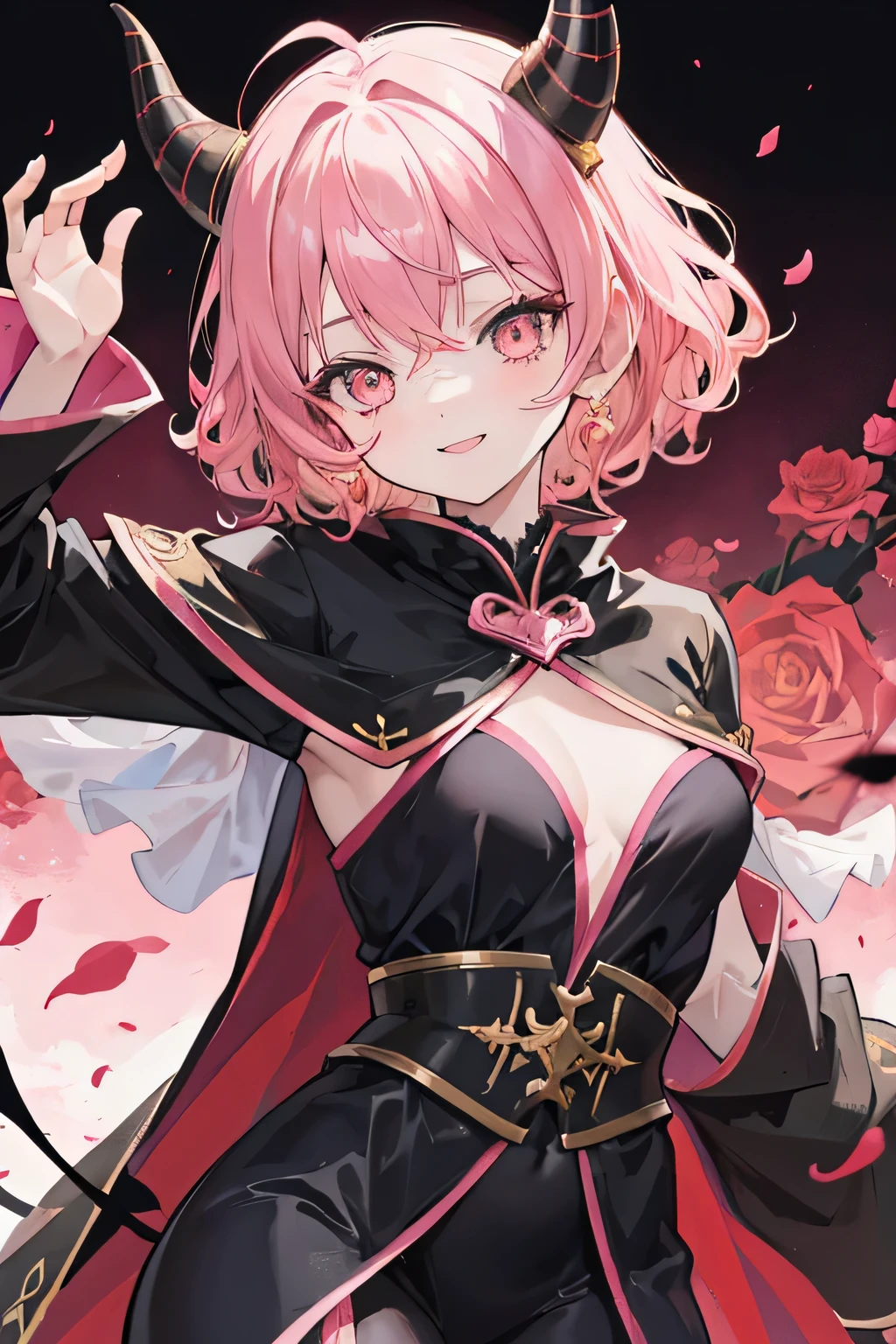 chica anime, cabello corto, Pelo RIZADO, cabello rosa suave, ojos dorados, cuernos de demonio negro en la cabeza, bata negra, capa rosa, lazy and smiling expression, de pie, rosas cayendo en el fondo