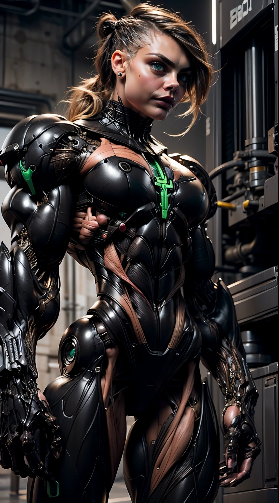 (1 girl), (cara delevingne), (muscular android girl wearing a black anatomic cybernetic muscle suit:1.25), (wide shoulders:1.25), (muscular defined physique:1.25), perfect hands, long hair, large breasts, high resolution image, extreme detail, blank background