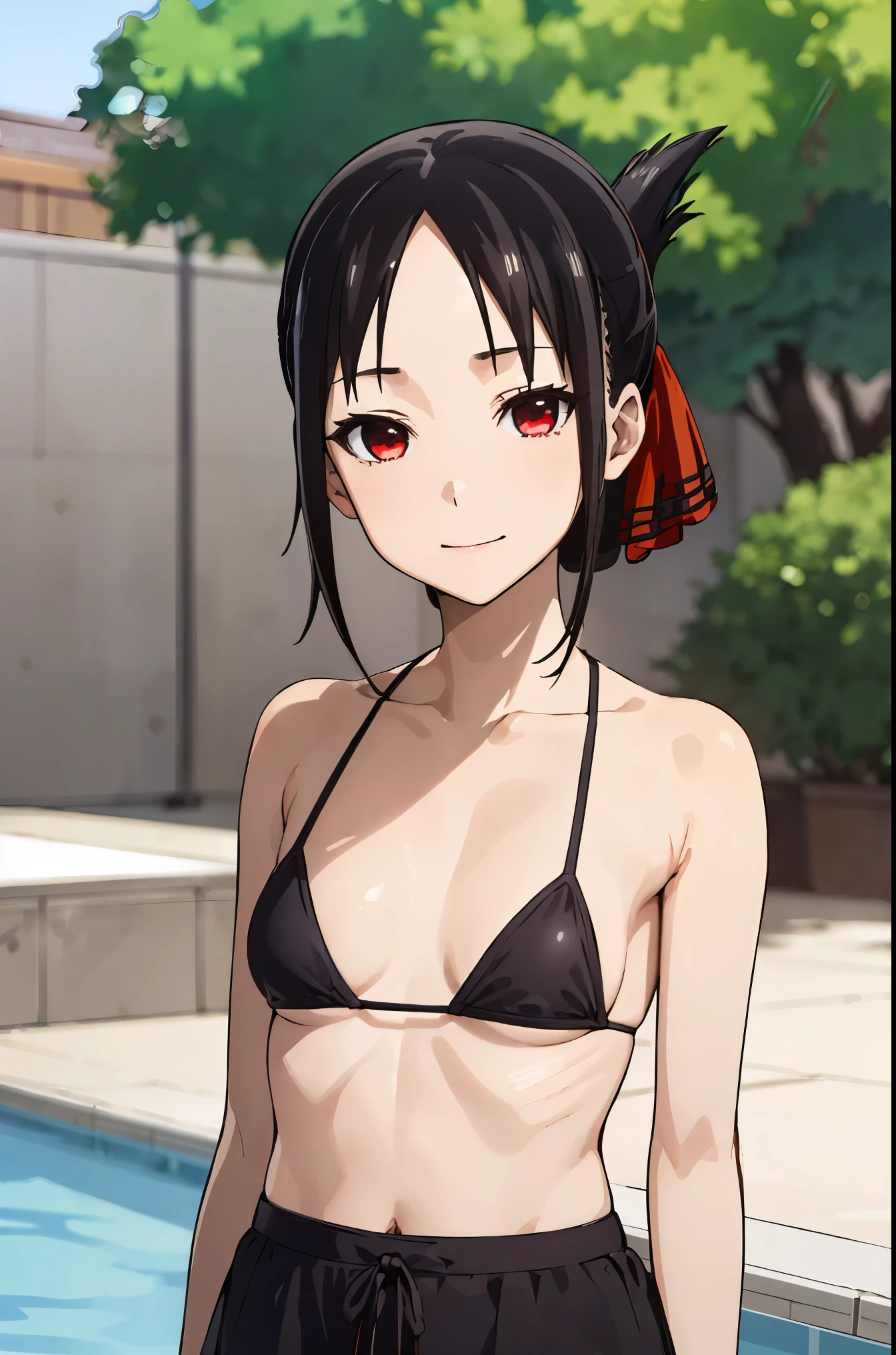 best quality, (masterpiece:1.2), detailed,
shinomiya kaguya,
1girl, solo, closed mouth, light smile,
black hair, red eyes, short hair, folded ponytail, hair ribbon, micro bikini, swiming pool,
standing, looking at the viewer, small breasts,((upper body))