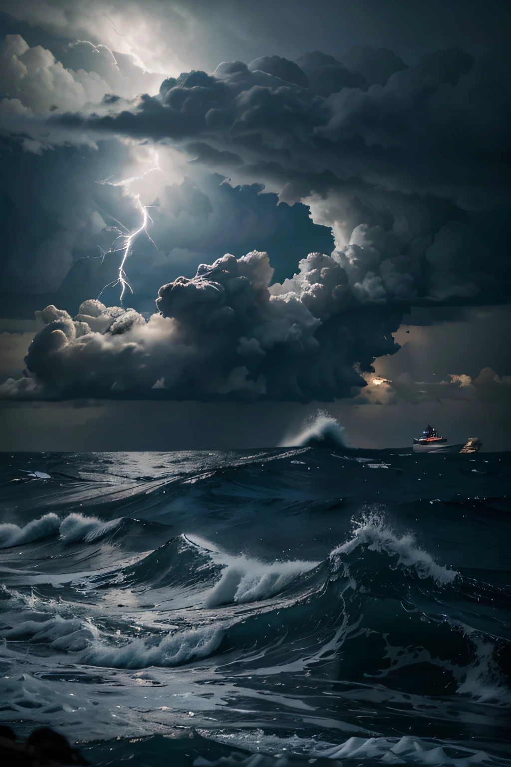 mar tempestuoso, noite, Vento, Barco, ondas quebrando, raio, nuvens escuras, dramatic atmosphere, ondas poderosas, swirling water, Moonlight reflection, thunder