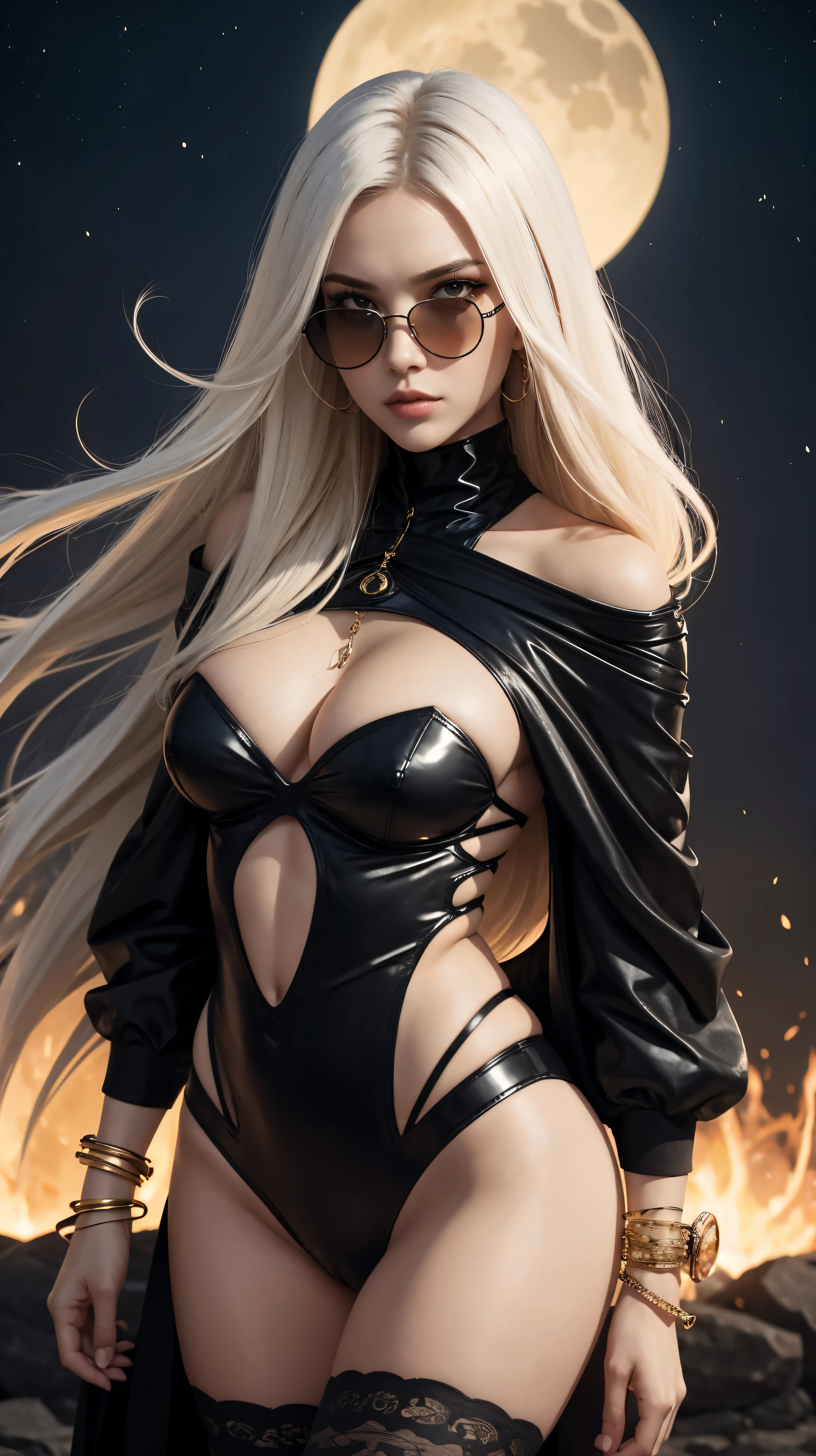 Uma mulher malvada, linda e sexy, with long white hair that imposes a majestic figure,Dressed in a ninja outfit that glows with shades of gold and electric red. Ela tem olhos roxos, It has crescent moon symbols on its bracelets on its arms.., simbolizando o controle de