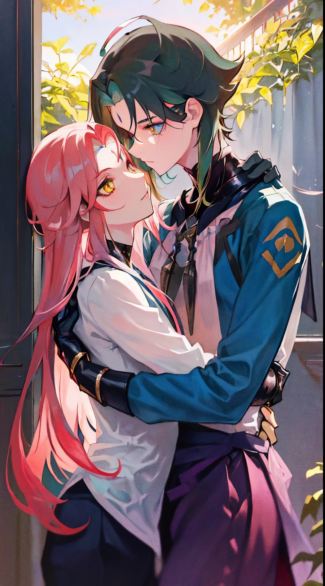 A boy with dark green hair, de la meilleure qualité, A masterpiece, very yellow eyes, un accent masculin, de beaux yeux, next to him is a beautiful girl with long pink hair and blue eyes, couple girl and boy<boy hug cute girl