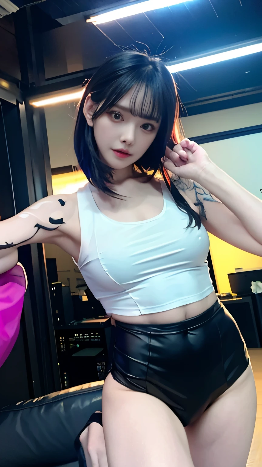 (highest quality)，masterpiece，Super detailed，8K, UHD，Beautiful woman，japanese woman，No expression，whole body，((tattoo))，slim，black slacks，white tank top，(female mafia)，gangster，(cyberpunk city)，night，cinematic lightening，underworld