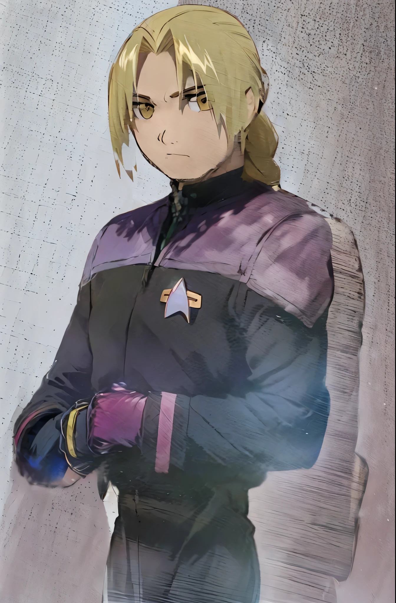 masterpiece, best qualityedward_elric blonde hair yellow eyes single mechanical arm braided ponytail ,ds9st command ds9st operations ds9st science