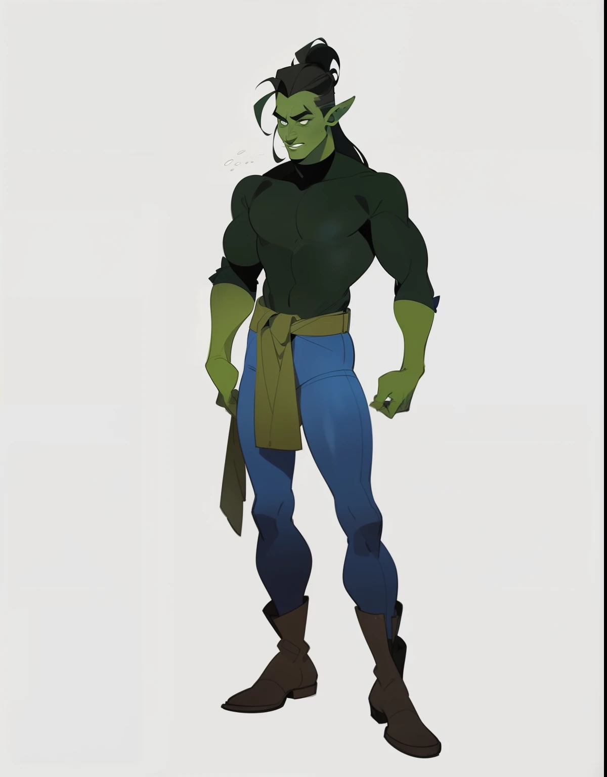 ((1 man)) Adopt the concept of the character , whole body,  Man, orc, green skin, pumped up, gray long shirt below the waist, Brown strap, blue pants, high black boots, black hair in a ponytail, whole body, Full-length character,