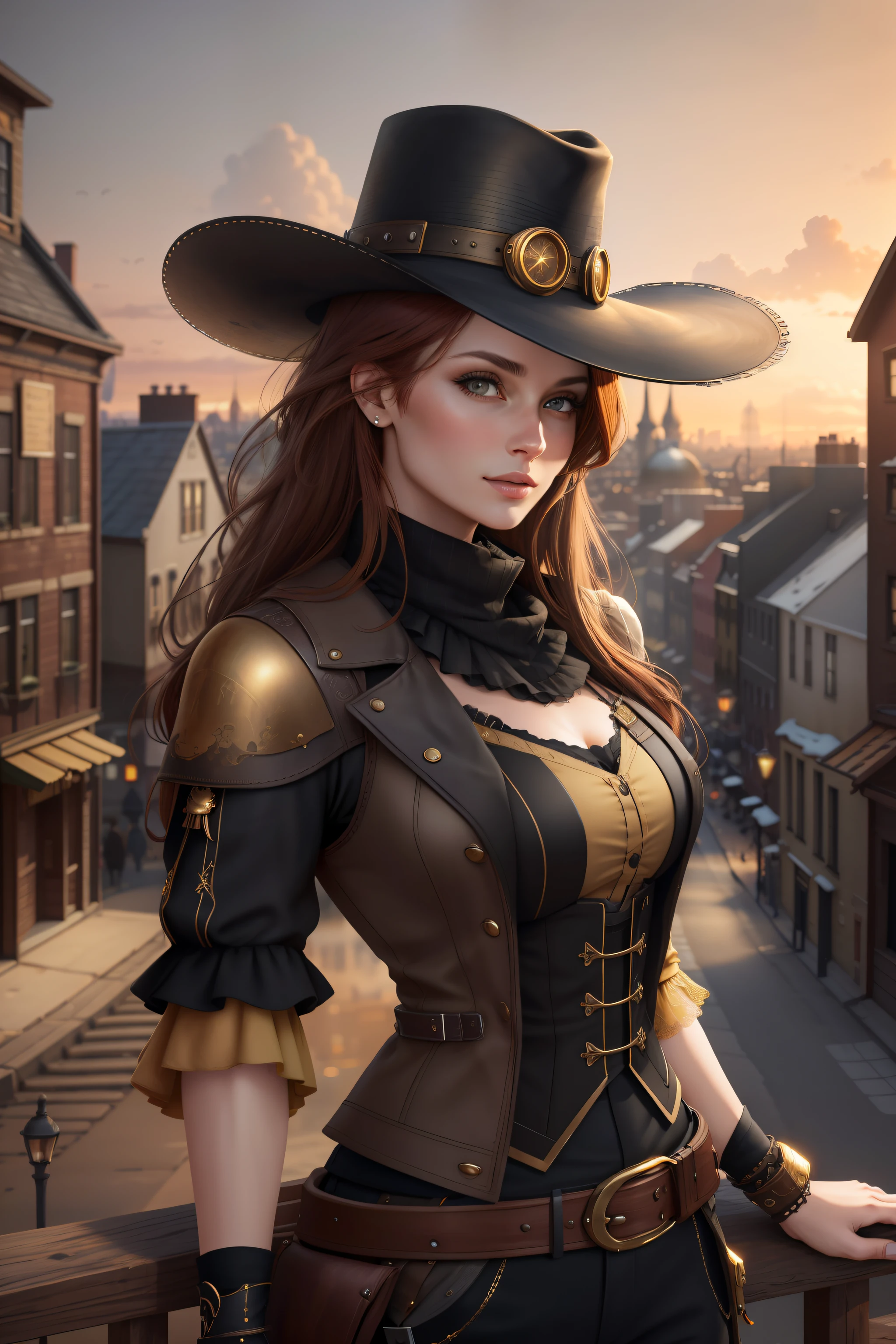 Beautiful woman, Bright gray eyes, auburn hair, Blackn clothes,golden trim, Black hat, steampunc, Rustic city background, Golden sky, ultra-realistic realism, Cinematic, Photorealistic, 4K