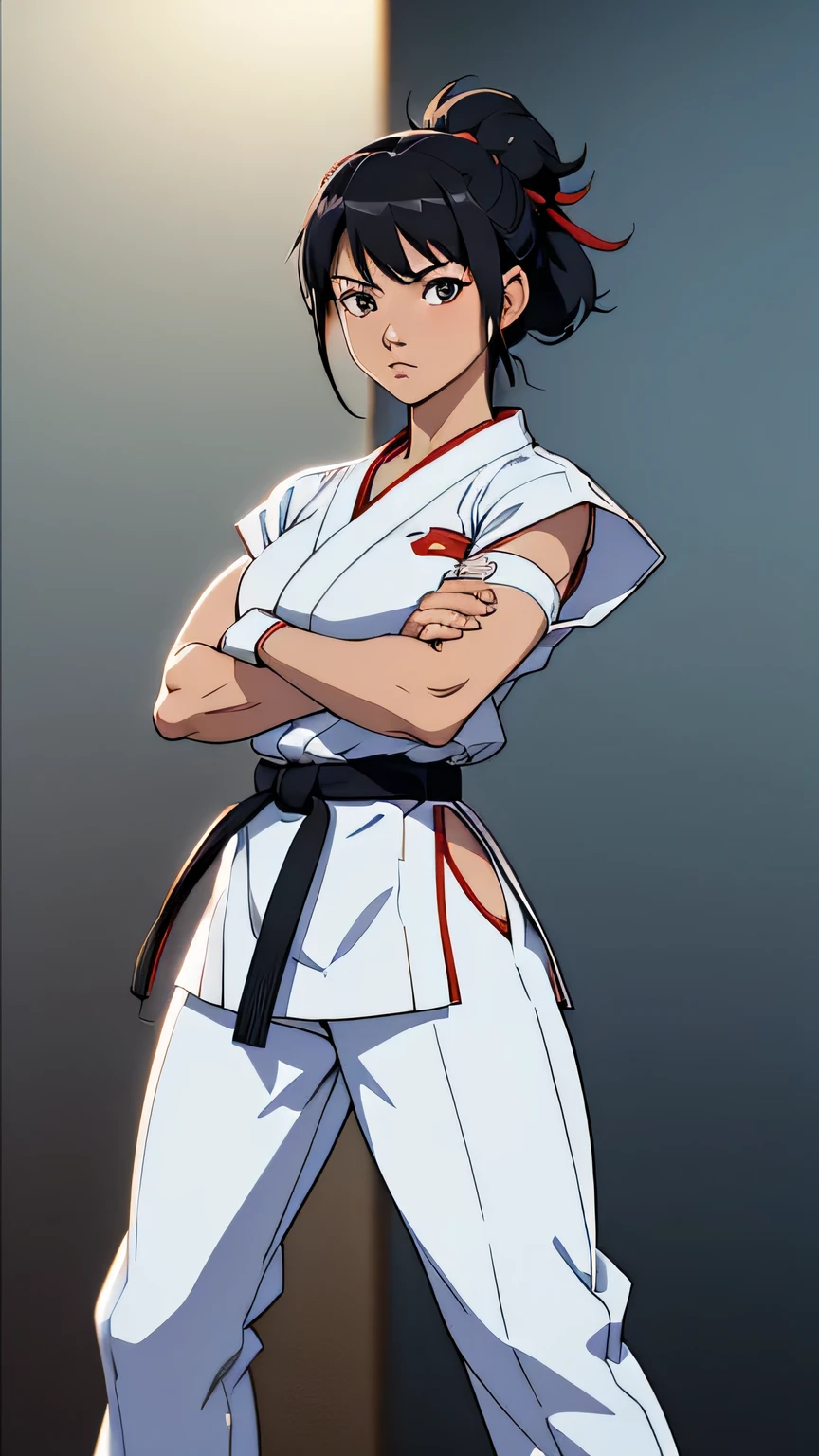 Karate anime girl pose .Karate stance white karate gi. Crossed arms black belt. Full body shot. 35mm lens, photography, ultra details, precise texture details HDR, UHD,64K,