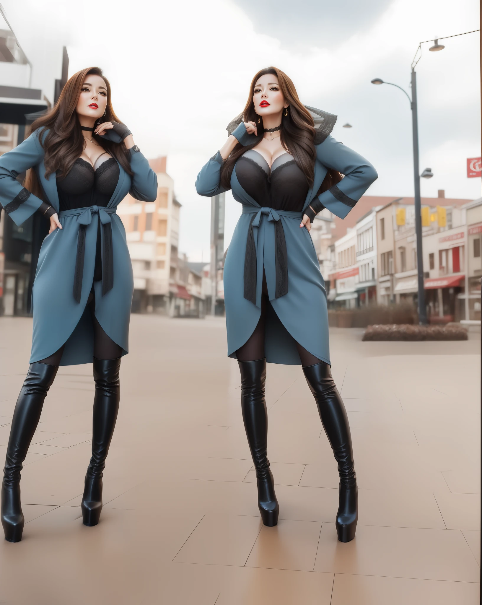 2 heads,Photo of a 50 year old woman with brown hair, captivating gaze, brown eyes, wrinkles on her face, black pantyhose,black high heel boots,she wears very sexy lingerie underwear、、reveals her big saggy breasts, light makeup and red lips. 32K