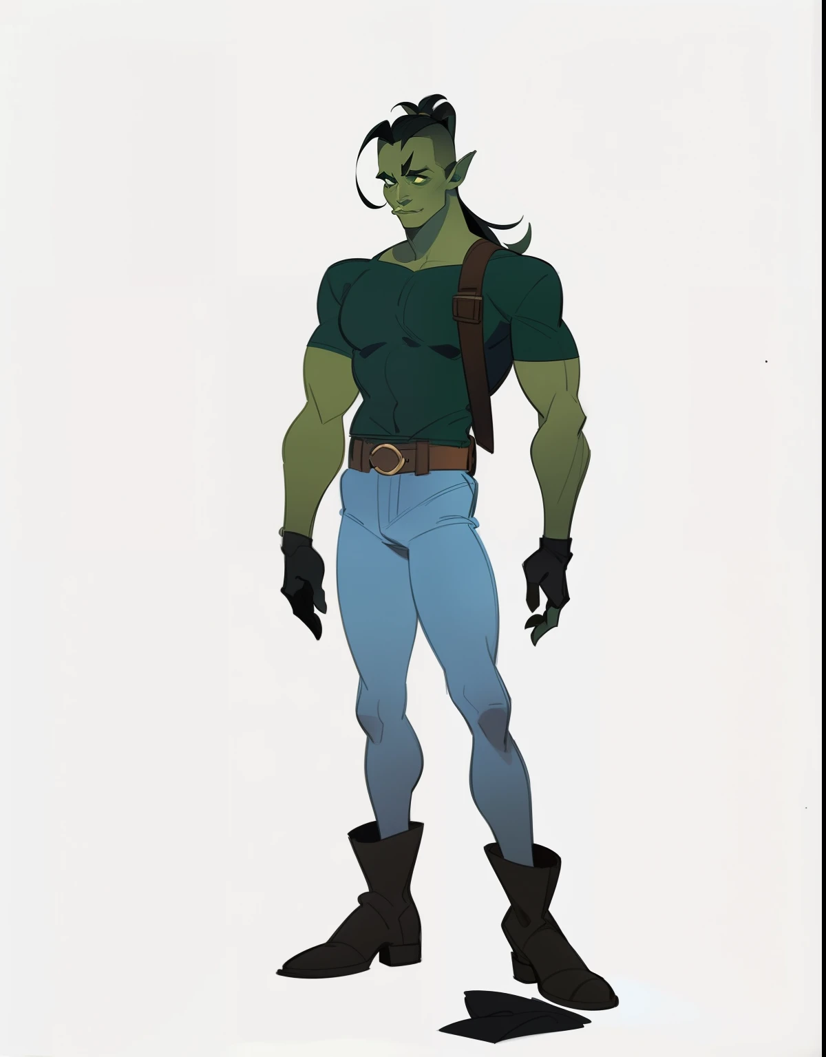 ((1 man)) Adopt the concept of the character , whole body,  Man, orc, green skin, pumped up, gray long shirt below the waist, Brown strap, blue pants, high black boots, black hair in a ponytail, whole body, Full-length character,