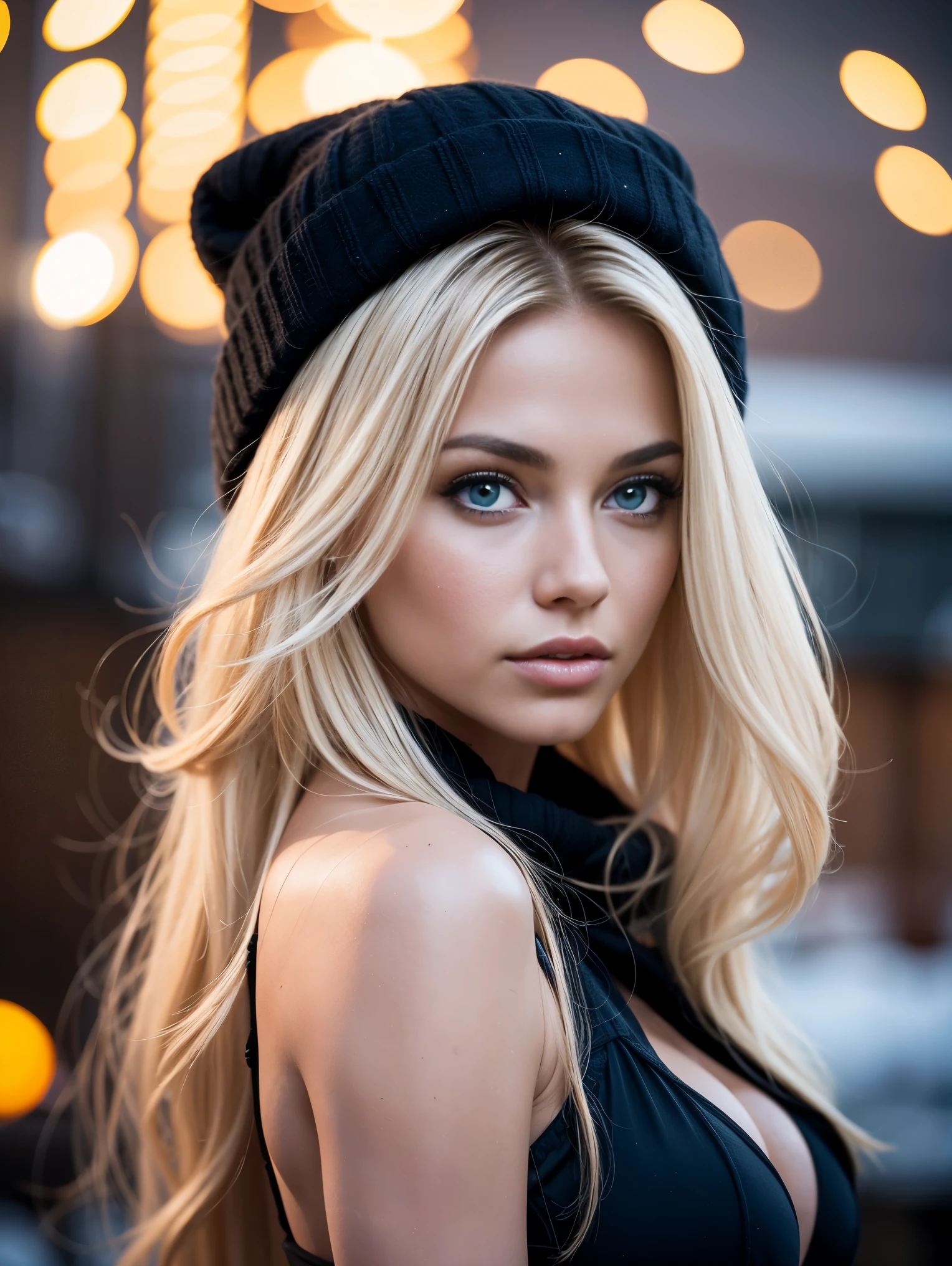 Extreme closeup portrait of an ultra hot gorgeous European woman.age 23. She’s a playmate and men magazine model. Blonde wavy hair. Naked. She flirts with camera. Snowy Outdoor night studio shot.