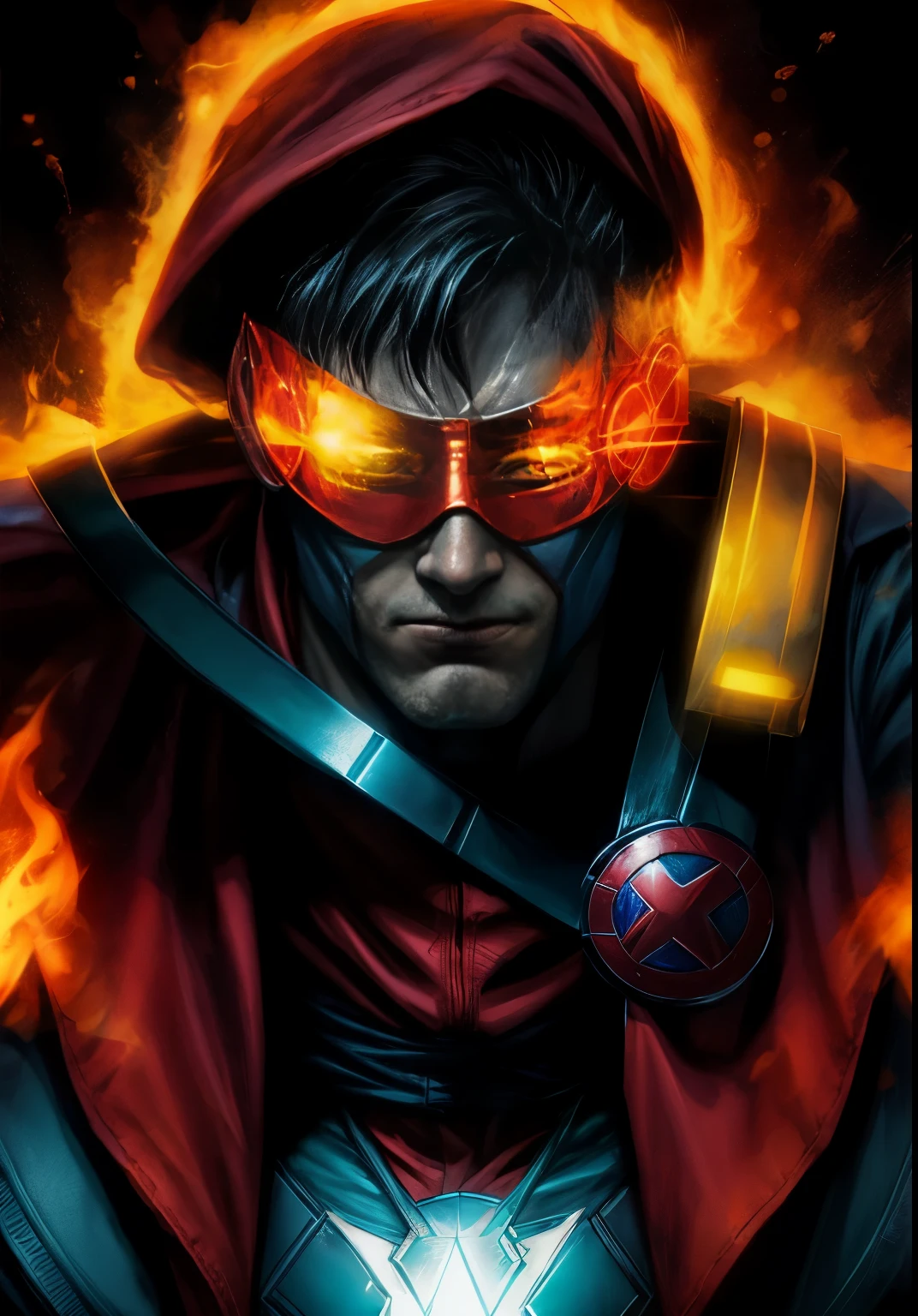 a close-up of a man in a red and yellow mask, ciclope, wonderful expression, vibrant fan art, imagem hiperrealista de x, Design de personagens de quadrinhos dos anos 90, Personagem da Marvel, sem texto, fantastic non-human character, superhero portrait, magneto, artgerm extremamente detalhado, marvel superhero, antimage, intense expression
