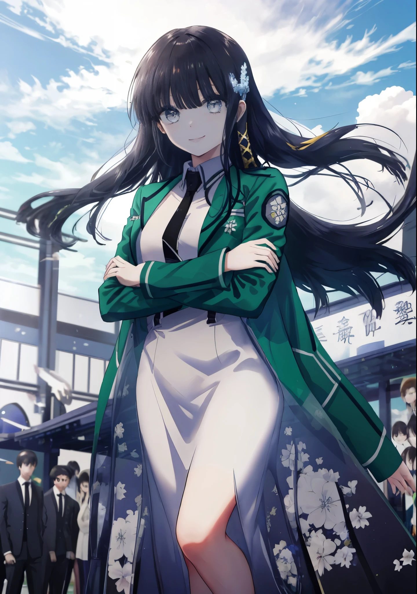 masterpiece, highest quality, Super detailed, thin and beautiful eyes, highly detailed eyes and face, 1 girl, ShibaMiyuki, hair ornaments, school uniform, black tie, white dress, green jacket, long sleeve, open jacket, high heel edium chest)), Are standing, looking at the viewer, smile, 魅惑的なsmile, forest, Day, null, cloud, cowboy shot, whole body, crossed arms, 