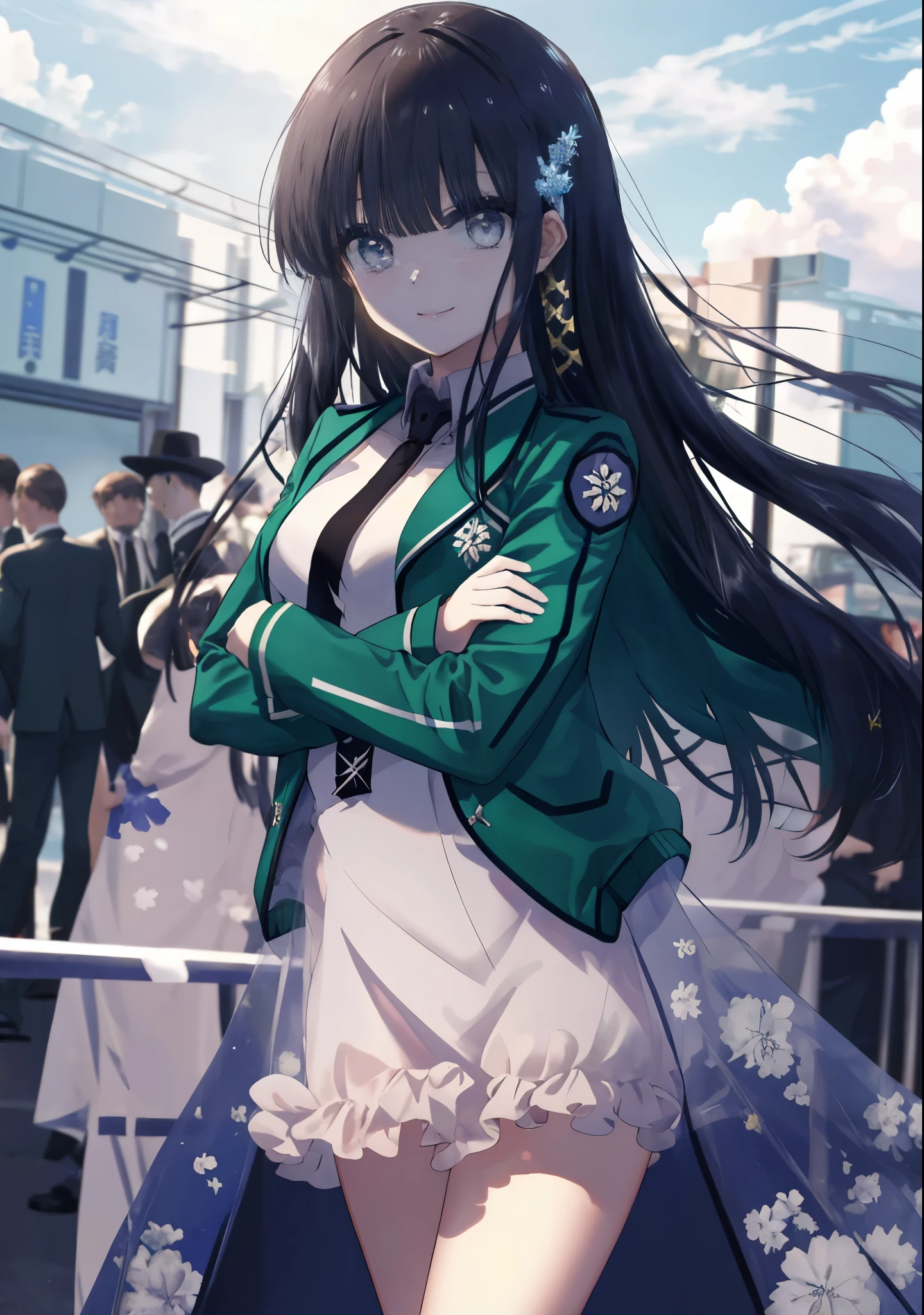 masterpiece, highest quality, Super detailed, thin and beautiful eyes, highly detailed eyes and face, 1 girl, ShibaMiyuki, hair ornaments, school uniform, black tie, white dress, green jacket, long sleeve, open jacket, high heel edium chest)), Are standing, looking at the viewer, smile, 魅惑的なsmile, forest, Day, null, cloud, cowboy shot, whole body, crossed arms, 