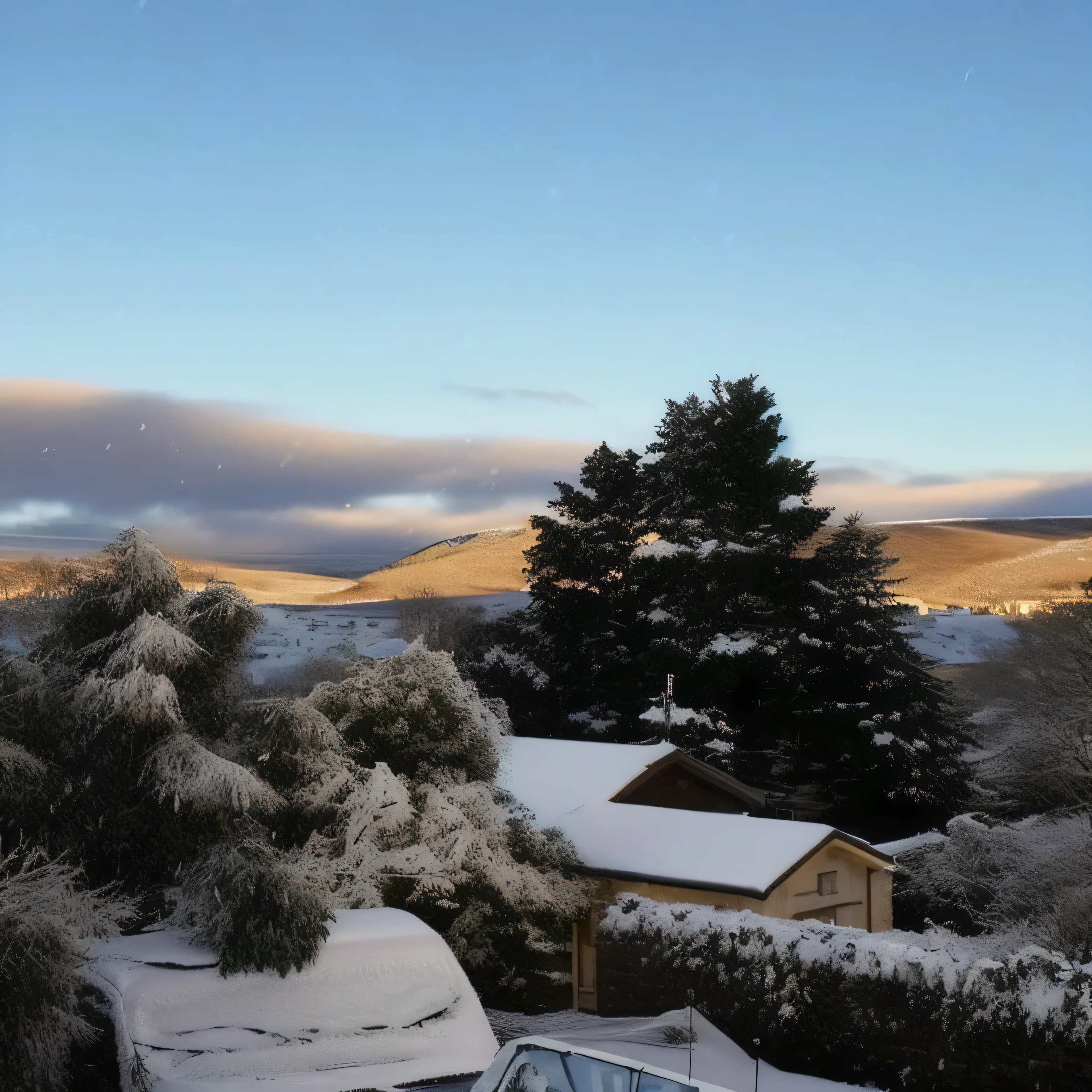 snowy scene of a house and a car in the snow, winter setting, (snow), mid morning lighting, beautiful late afternoon, dusting of snow, morning, cold snow outside, with snow on its peak, snowy, only snow in the background, cold but beautiful, by Lee Loughridge, snowy mountains, snowy apennines, unbelievably beautiful, by Ben Thompson