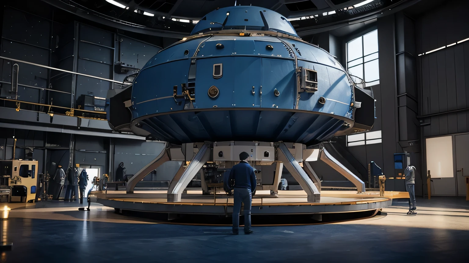 Engineers and designers, working on the creation of a spaceship, use of advanced technologies and materials, surrounded by drawings and 3D models of the ship