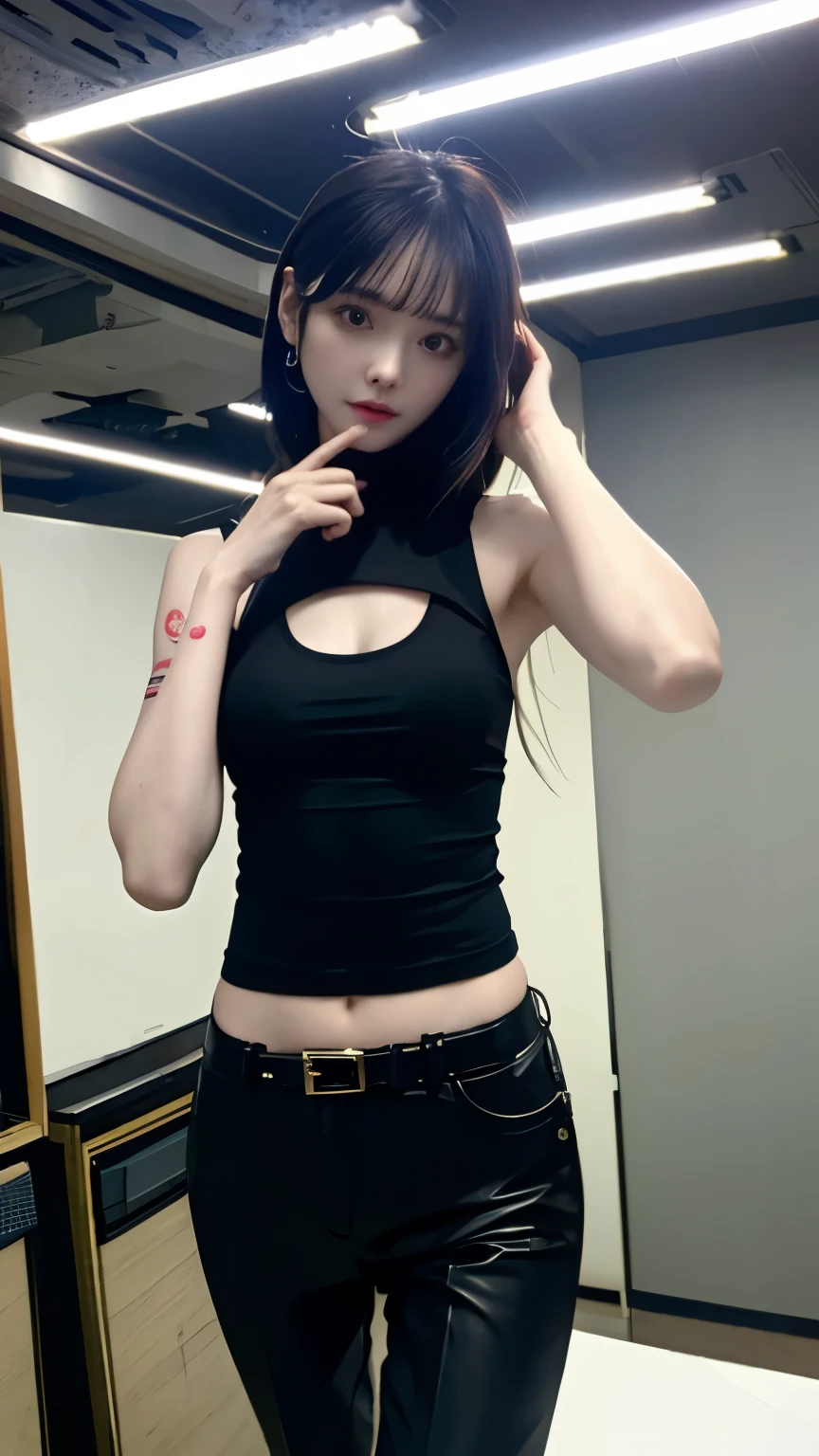 (highest quality)，masterpiece，Super detailed，8K, UHD，Beautiful woman，japanese woman，No expression，whole body，((tattoo))，slim，black slacks，white tank top，(female mafia)，gangster，(cyberpunk city)，night，cinematic lightening，underworld