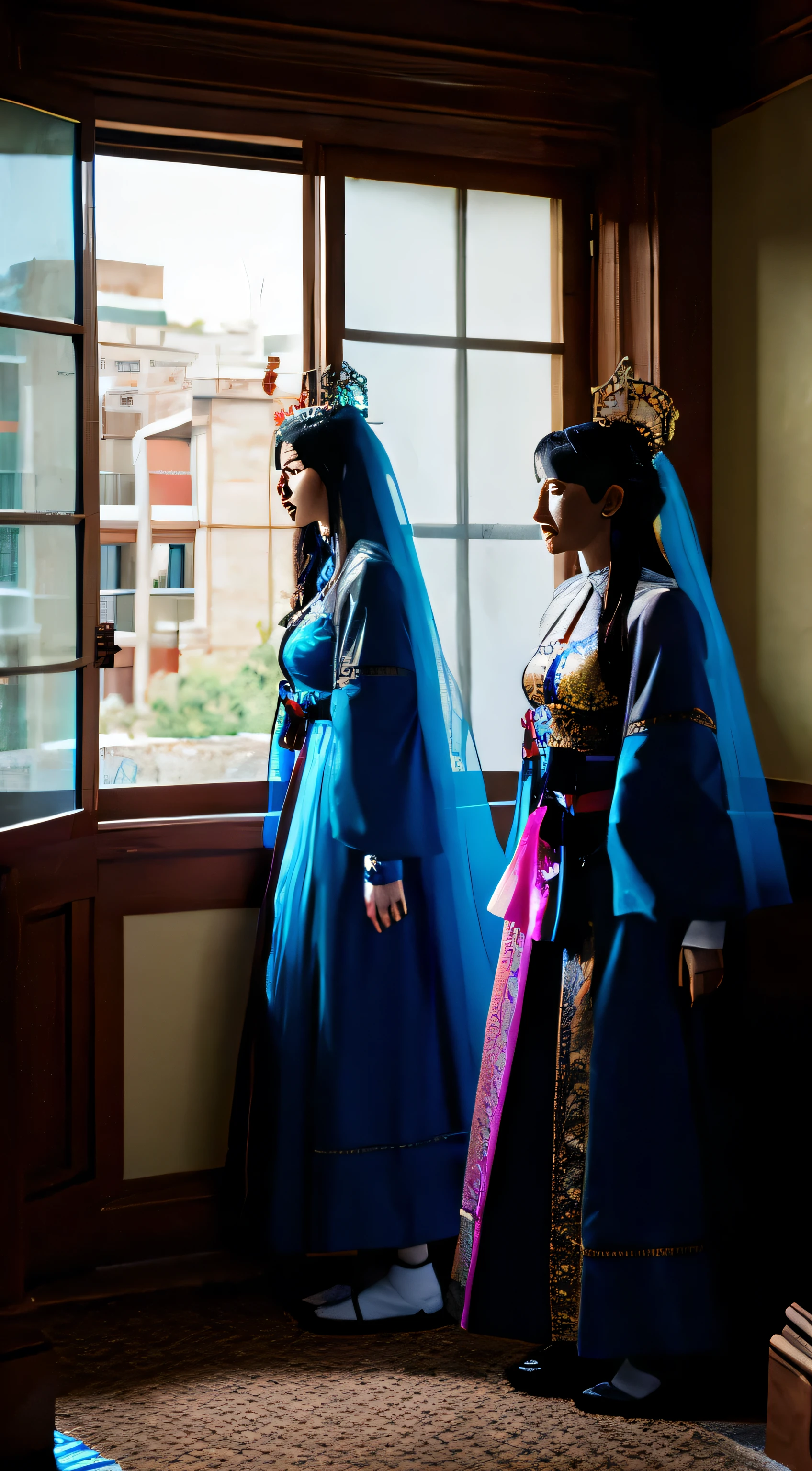 two women in costumes are standing in a room, as lady mechanika, static Prometheus frame, blue body paint, cyberpunk ornaments, Aztec Empress, cinematic details, guards, balcony scene, solarpunk, by Leon Wyczółkowski, sisters, Japanese cgi, Kazakh empress, character close-up  