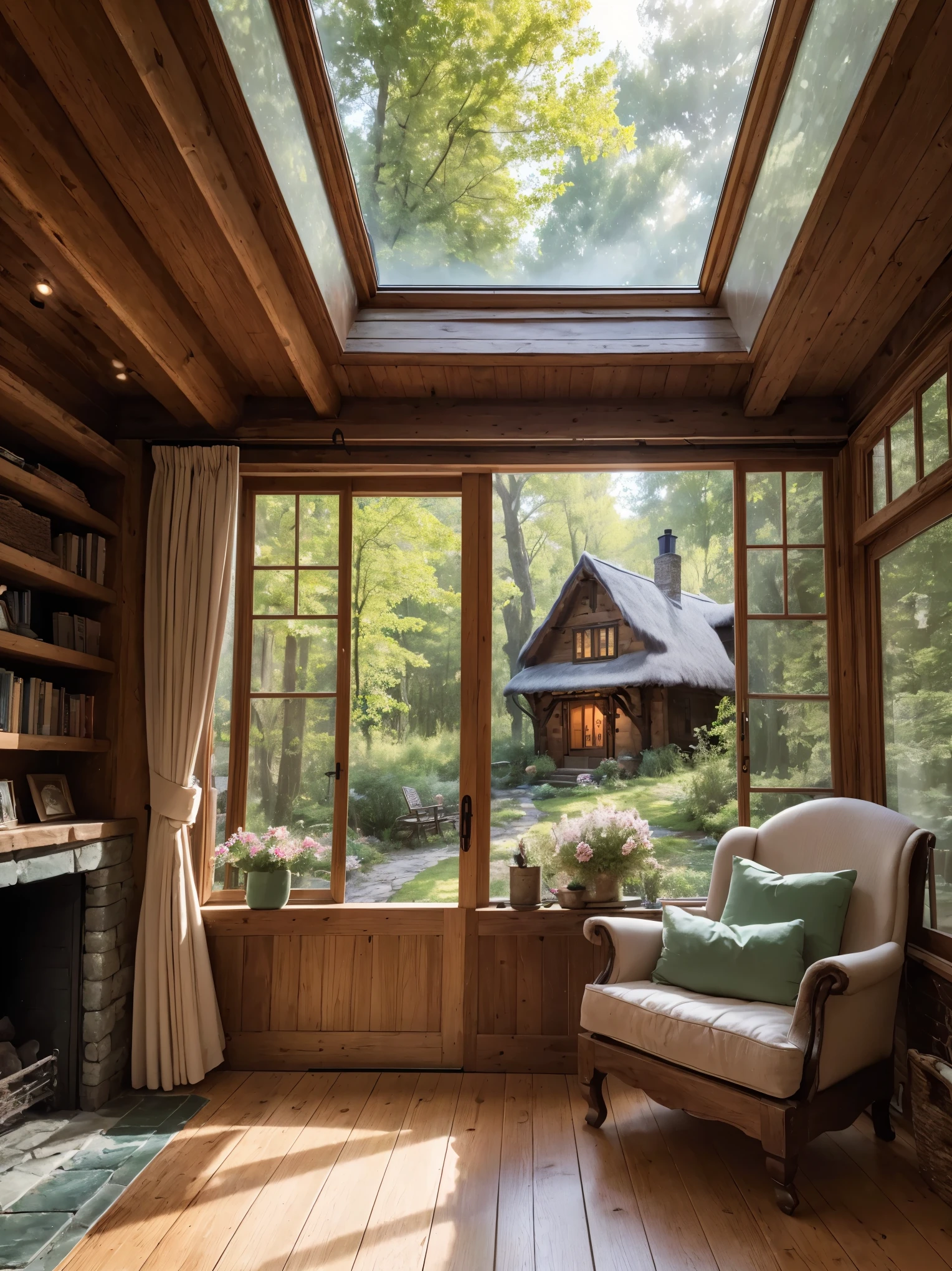 (best quality,highres,ultra-detailed,realistic:1.37),cozy cottage in the woods,natural scenery,stone fireplace,wooden furniture,warm lighting,floor-to-ceiling windows,emerald green roof,smoke rising from chimney,well-maintained garden,small wooden porch,serene atmosphere,peaceful surroundings,soft chirping of birds,ray of sunlight filtering through the trees,crackling fire in the fireplace,bookshelves filled with novels and poetry,comfy armchair by the window,curtains gently swaying in the breeze,fragrant flowers blooming in the garden, inviting pathway leading to the front door,quaint and rustic,enchanted forest just beyond the house,secluded and tranquil Hideaway