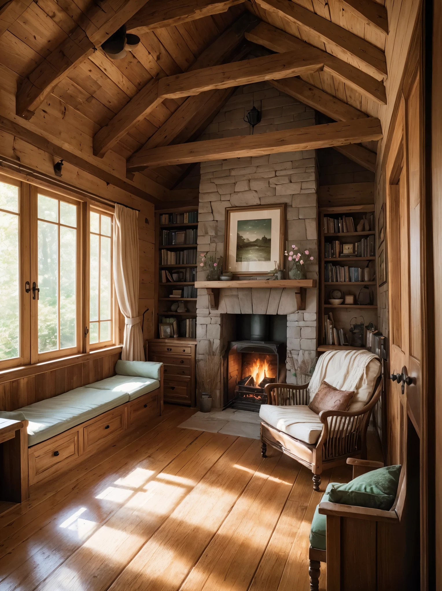 (best quality,highres,ultra-detailed,realistic:1.37),cozy cottage in the woods,natural scenery,stone fireplace,wooden furniture,warm lighting,floor-to-ceiling windows,emerald green roof,smoke rising from chimney,well-maintained garden,small wooden porch,serene atmosphere,peaceful surroundings,soft chirping of birds,ray of sunlight filtering through the trees,crackling fire in the fireplace,bookshelves filled with novels and poetry,comfy armchair by the window,curtains gently swaying in the breeze,fragrant flowers blooming in the garden, inviting pathway leading to the front door,quaint and rustic,enchanted forest just beyond the house,secluded and tranquil Hideaway
