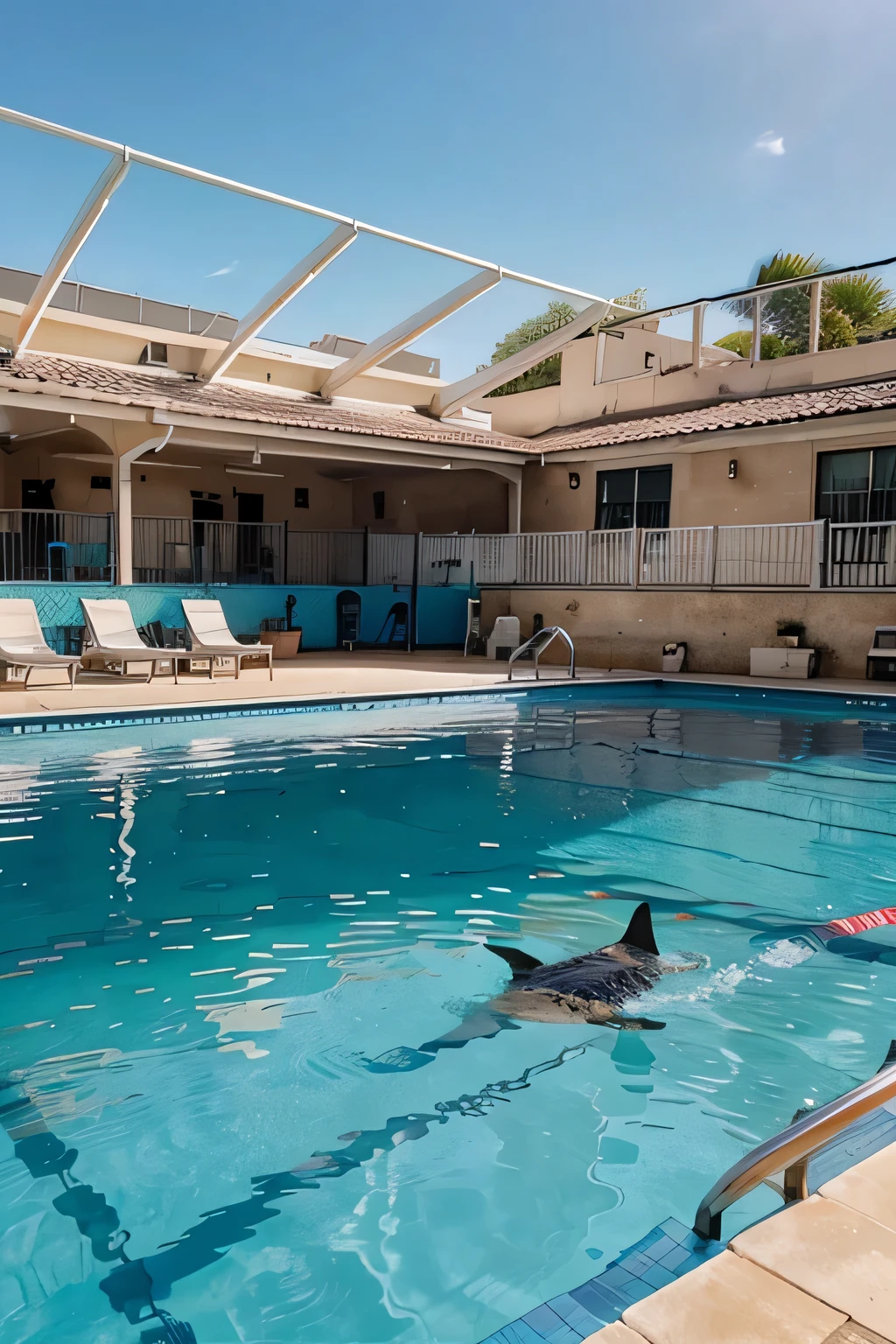 swimming pool with shark swimming inside