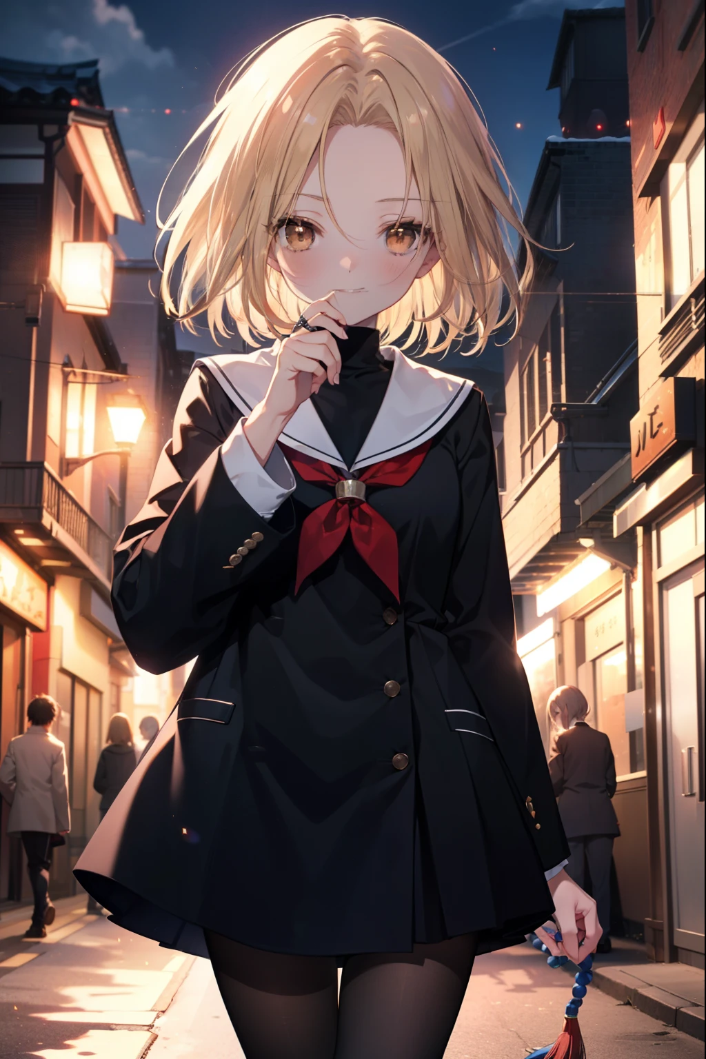 annakyouyama, anna kyouyama, blonde hair, short hair, (brown eyes:1.7),smile,blush,prayer beads,beads,black long sleeve sailor uniform,black pleated skirt,White pantyhose,black loafers,walking,Asahi,朝
break looking at viewer, whole body,
break outdoors, In town,building street,
break (masterpiece:1.2), highest quality, High resolution, unity 8k wallpaper, (figure:0.8), (detailed and beautiful eyes:1.6), highly detailed face, perfect lighting, Very detailed CG, (perfect hands, perfect anatomy),