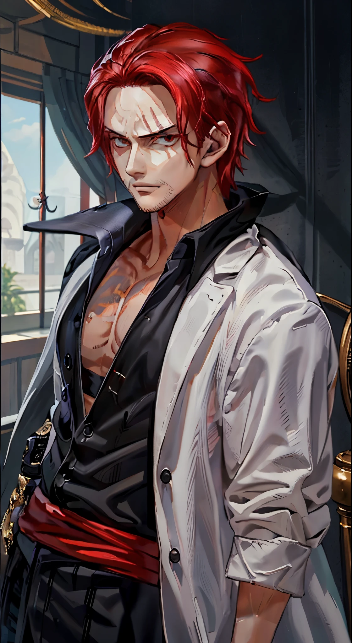 Boy, cool, glare, black eyeballs, fair skin, red hair, red hair colors, white oclothes colors, black clothes colors, elegant boy, cool boy, elegant pose, cool pose, realistic, in room pose, gaze looking at the camera