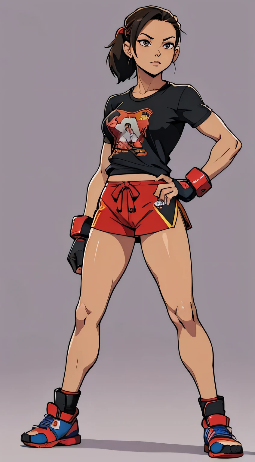 Muay Thai anime woman posing.full body shot. T-shirt. Muay Thai gloves. no backround
