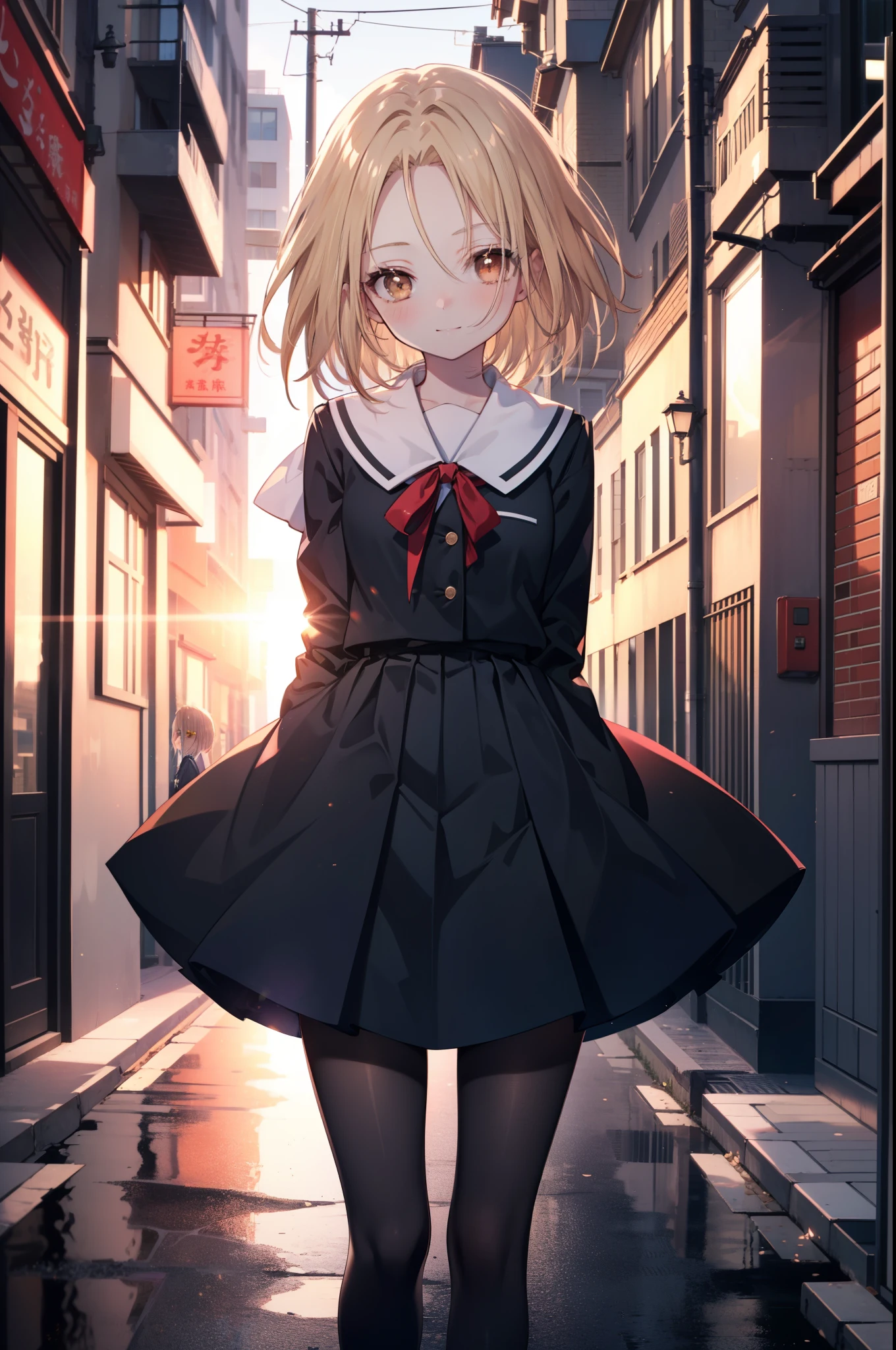 annakyouyama, anna kyouyama, blonde hair, short hair, (brown eyes:1.7),smile,blush,black long sleeve sailor uniform,black pleated skirt,White pantyhose,black loafers,walking,Asahi,朝
break looking at viewer, whole body,
break outdoors, In town,building street,
break (masterpiece:1.2), highest quality, High resolution, unity 8k wallpaper, (figure:0.8), (detailed and beautiful eyes:1.6), highly detailed face, perfect lighting, Very detailed CG, (perfect hands, perfect anatomy),