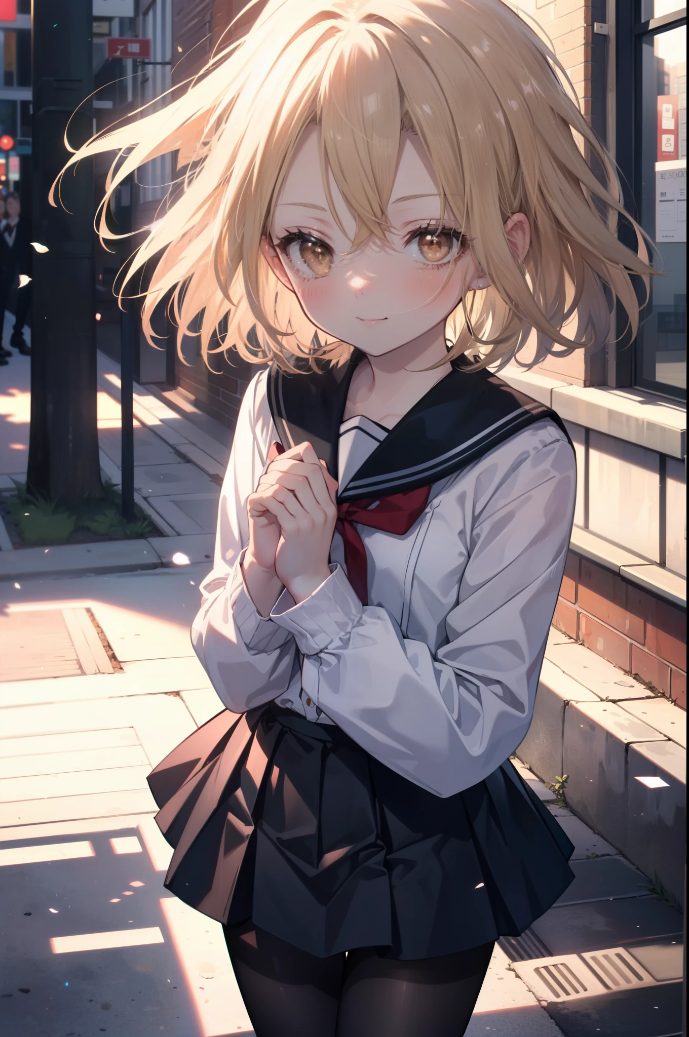 annakyouyama, anna kyouyama, blonde hair, short hair, (brown eyes:1.7),smile,blush,black long sleeve sailor uniform,black pleated skirt,White pantyhose,black loafers,walking,Asahi,朝
break looking at viewer, whole body,
break outdoors, In town,building street,
break (masterpiece:1.2), highest quality, High resolution, unity 8k wallpaper, (figure:0.8), (detailed and beautiful eyes:1.6), highly detailed face, perfect lighting, Very detailed CG, (perfect hands, perfect anatomy),