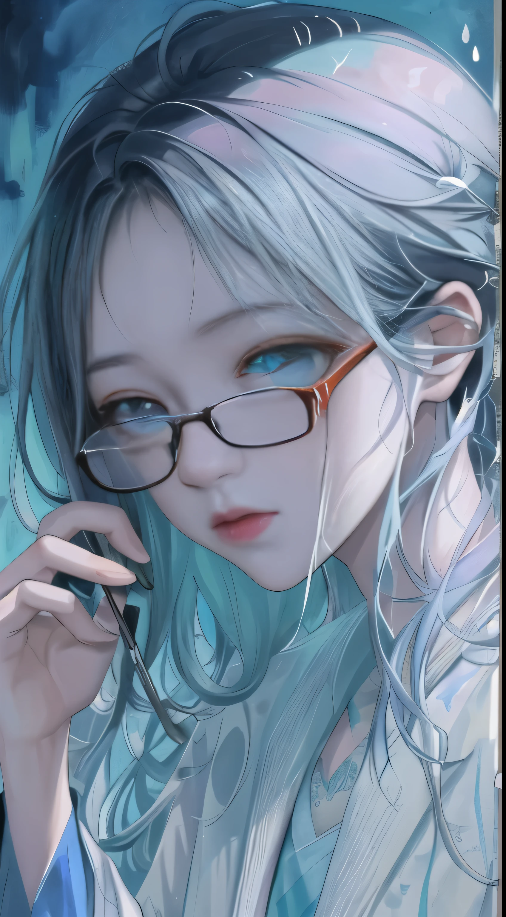 a painting by M.S.E, featuring a woman wearing glasses by Agnes Cecile, with a luminous design in pastel colors, intricately detailed with ink drips, evoking the serene beauty of autumn lights. (1 girl:1.3), solo, wearing glasses, (artistic hand holding brush:0.7), masterpiece, best quality, high-res, head:1.3, finely detailed features, captivating eyes, (fall foliage background:0.6),(soft lighting:0.5), dramatic angle, (impressionistic style:0.8), cluttered with abstract ink drips, evoking a sense of creativity and depth.
