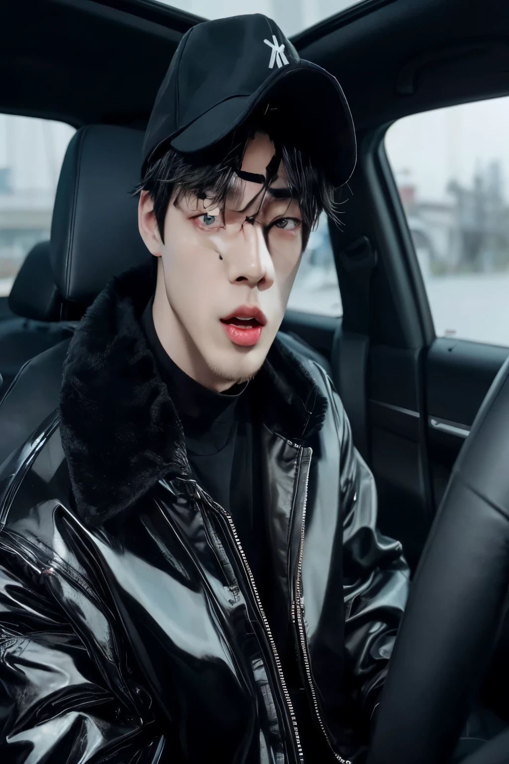 sharp man with black jacket and hat sitting in a car, Seokjin, Jinyoung Shin, Kim Doyoung, hyung tae, Ulzzang masculino, taejune kim, bladee da gangue de drenagem, Jinyoung Shin aesthetic, Cai Xukun, inspirado em Yanjun Cheng, Yanjun Chengt, profile picture with headshot, fanart de alta qualidade, dirigindo, inspirado em Kun Can