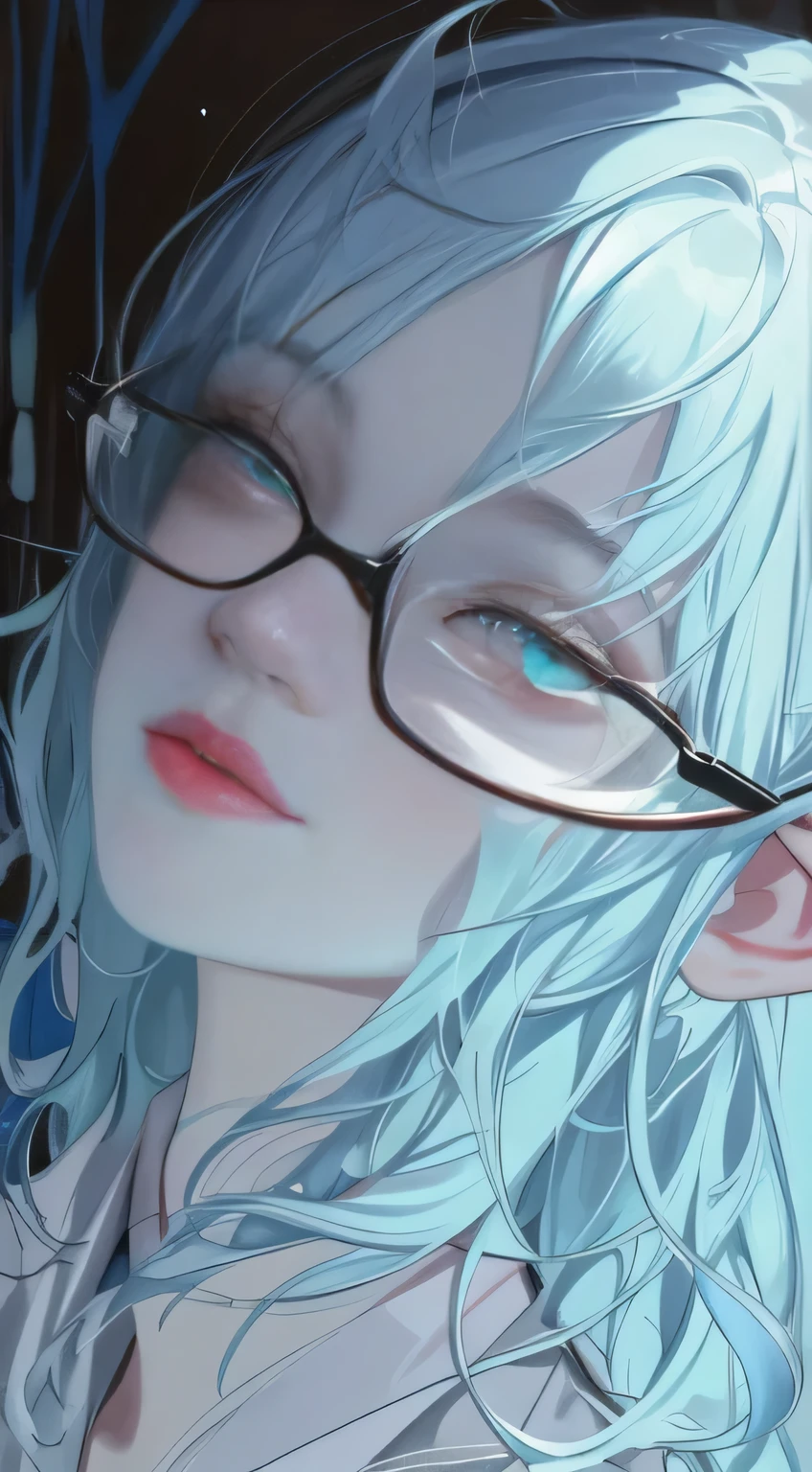 a painting by M.S.E, featuring a woman wearing glasses by Agnes Cecile, with a luminous design in pastel colors, intricately detailed with ink drips, evoking the serene beauty of autumn lights. (1 girl:1.3), solo, wearing glasses, (artistic hand holding brush:0.7), masterpiece, best quality, high-res, head:1.3, finely detailed features, captivating eyes, (fall foliage background:0.6),(soft lighting:0.5), dramatic angle, (impressionistic style:0.8), cluttered with abstract ink drips, evoking a sense of creativity and depth.